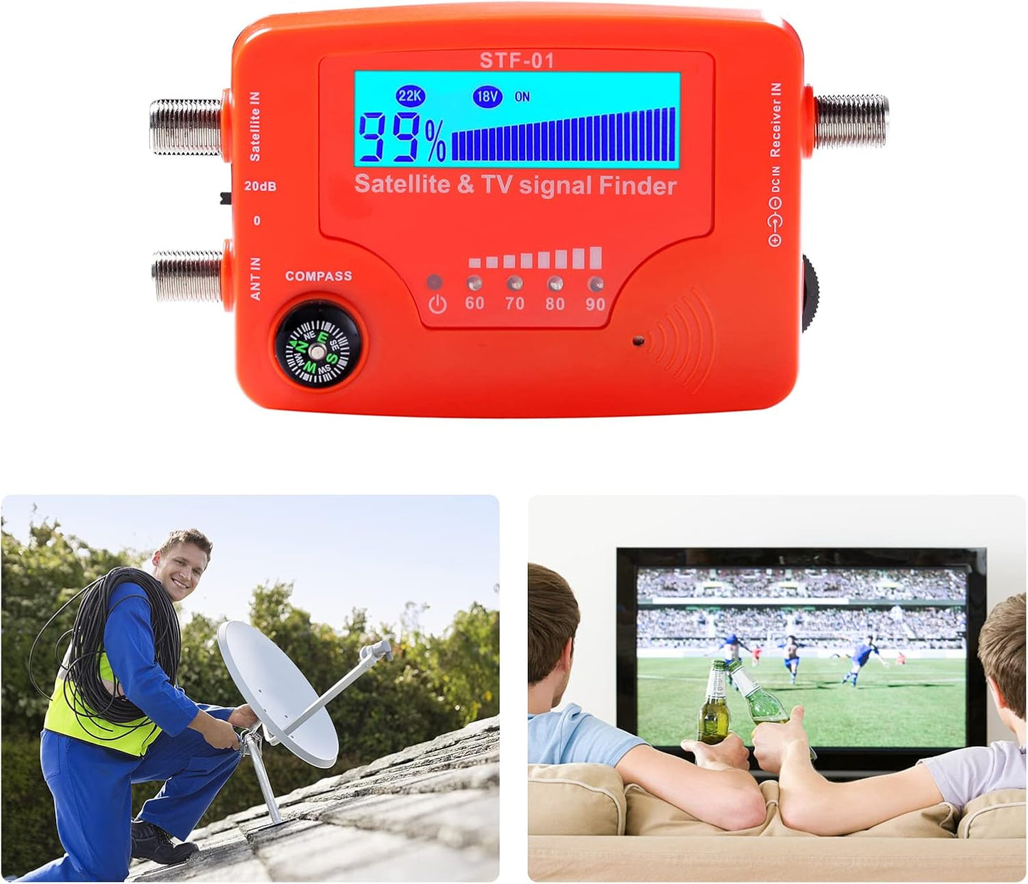 2 in 1 Satellite and TV Signal Finder LCD Digital Satellite Finder Portable TV an Signal Strength Meter Signal Finding Meter with Compass Alarm Buzzer