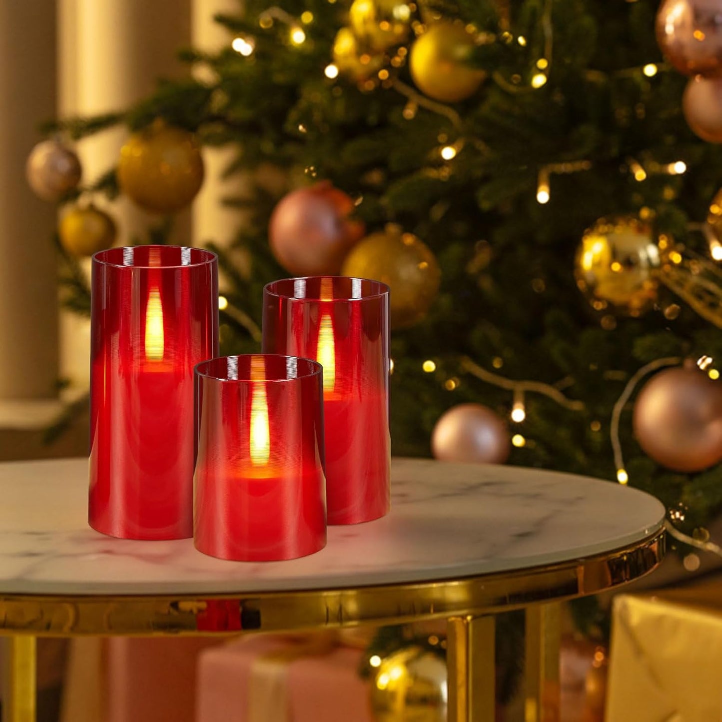 IMAGE Realistic Flickering Flameless LED Candles with Jumping Warm Yellow Flames, Upgraded Set Battery-Operated with Remote Timers, 3 Size Acrylic Candles (D 3" x H 4" 5" 6") (Red)