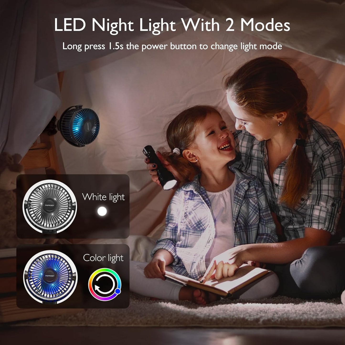 Momcozy Portable Stroller Fan, 27H Ultra-long Battery Life, Detachable 4 Speed 360°Rotate, LED Night Light with 2 Modes, USB Rechargeable and Handheld Cooling Fan for Travel, Car Seat
