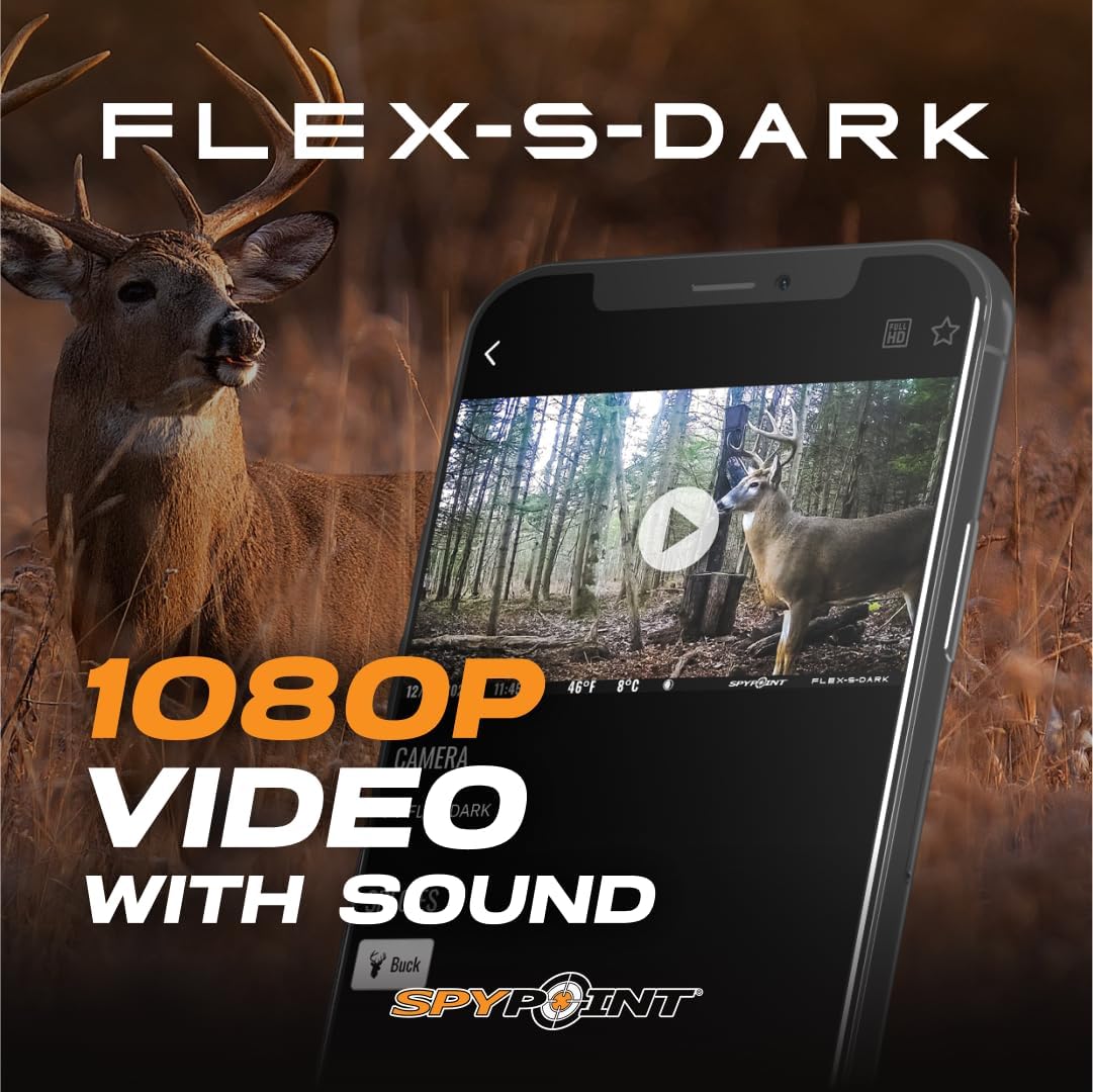 SPYPOINT Flex-S Dark Ultimate Pack Solar Outdoor Cellular Trail Camera - Integrated Solar Panel, No WiFi Needed, Night Vision Motion Activated, Dual-Sim LTE, 40MP Photos and 1080p w/Sound