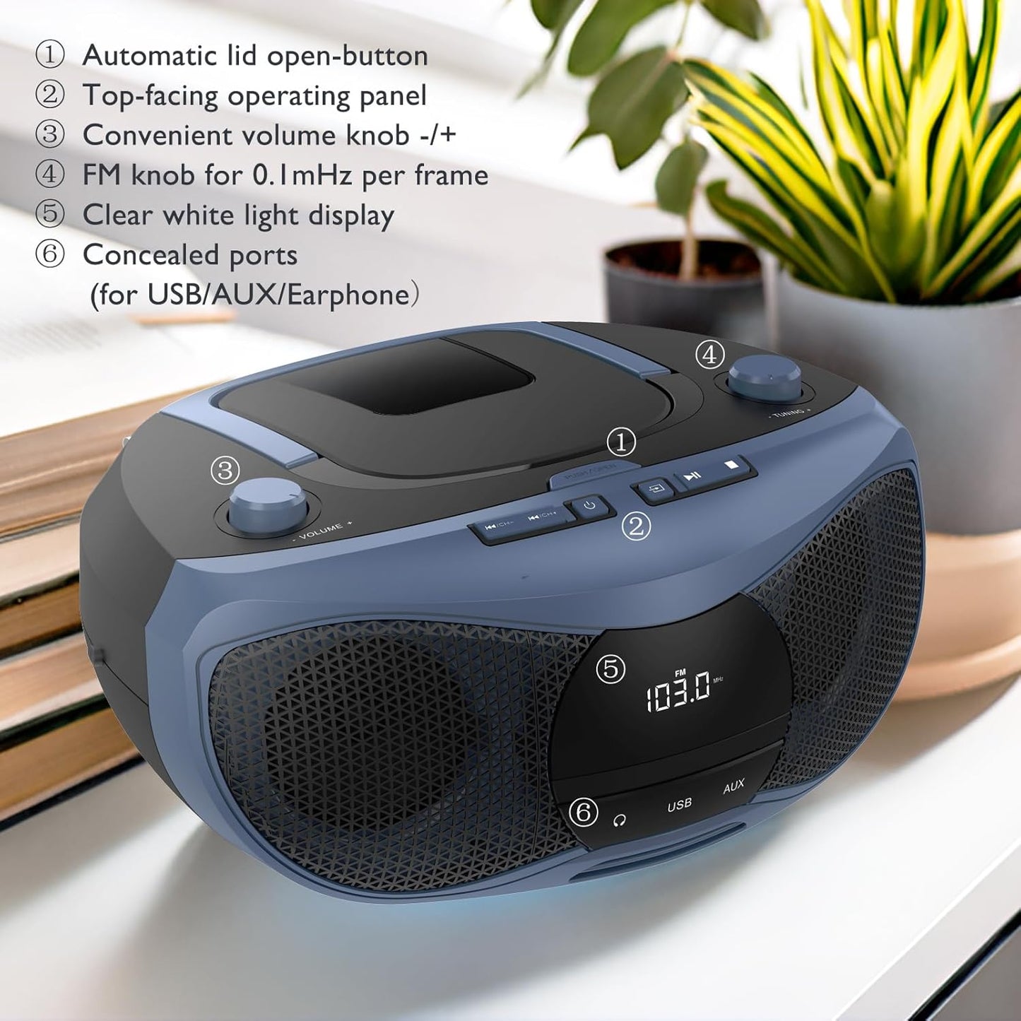 LONPOO Portable CD Player | Stereo Bluetooth Boombox | FM Radio Turn Knob | Auto Lid Open Button | Big LCD Display | Concealed Ports of USB/AUX/Earphone | Rear Power Protection Button (LP-D12)