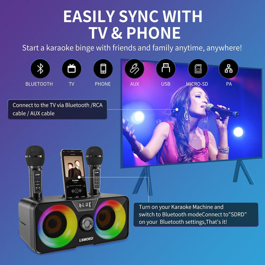 Karaoke Machine for Adults and Kids with 2 UHF Wireless Microphones,Portable Bluetooth Speaker PA Speaker System with LED Party Lights for Home Party, Picnic,Car,Outdoor/Indoor/Birthday Gifts - PuriLite