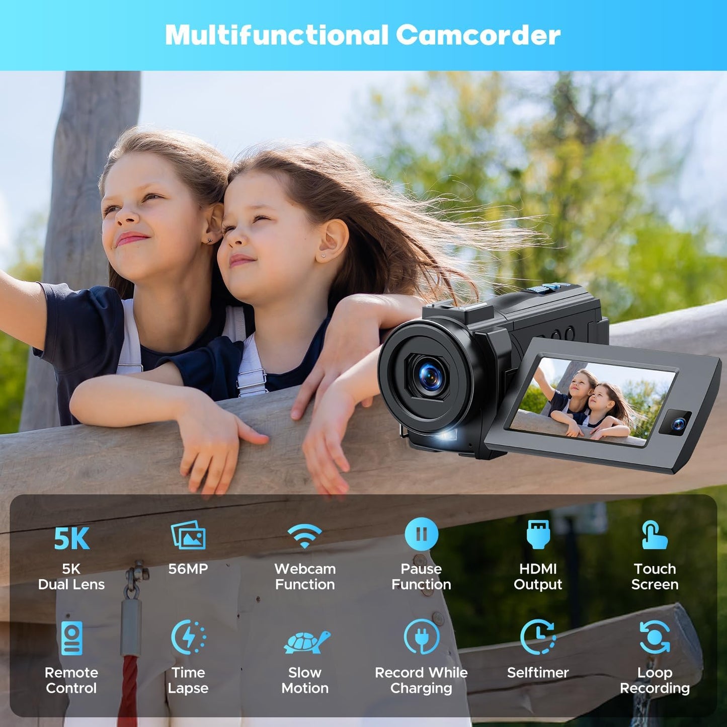 5K Camcorder Video Camera, 56MP Dual Lens WiFi IR Night Vision YouTube Vlogging Camera,16X Digital Zoom Touch Screen Cam Corder, Camcorder 5K with 64GB SD Card, 2 Batteries, Tripod, Remote Control