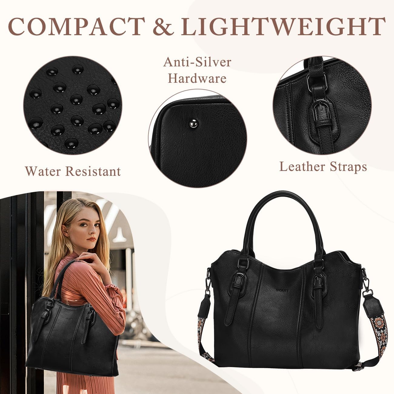 Hobo Bags for Women,VASCHY Vegan Leather Handbag Purse Top Handle Satchel Boho Shoulder Bag with Crossbody Guitar Strap
