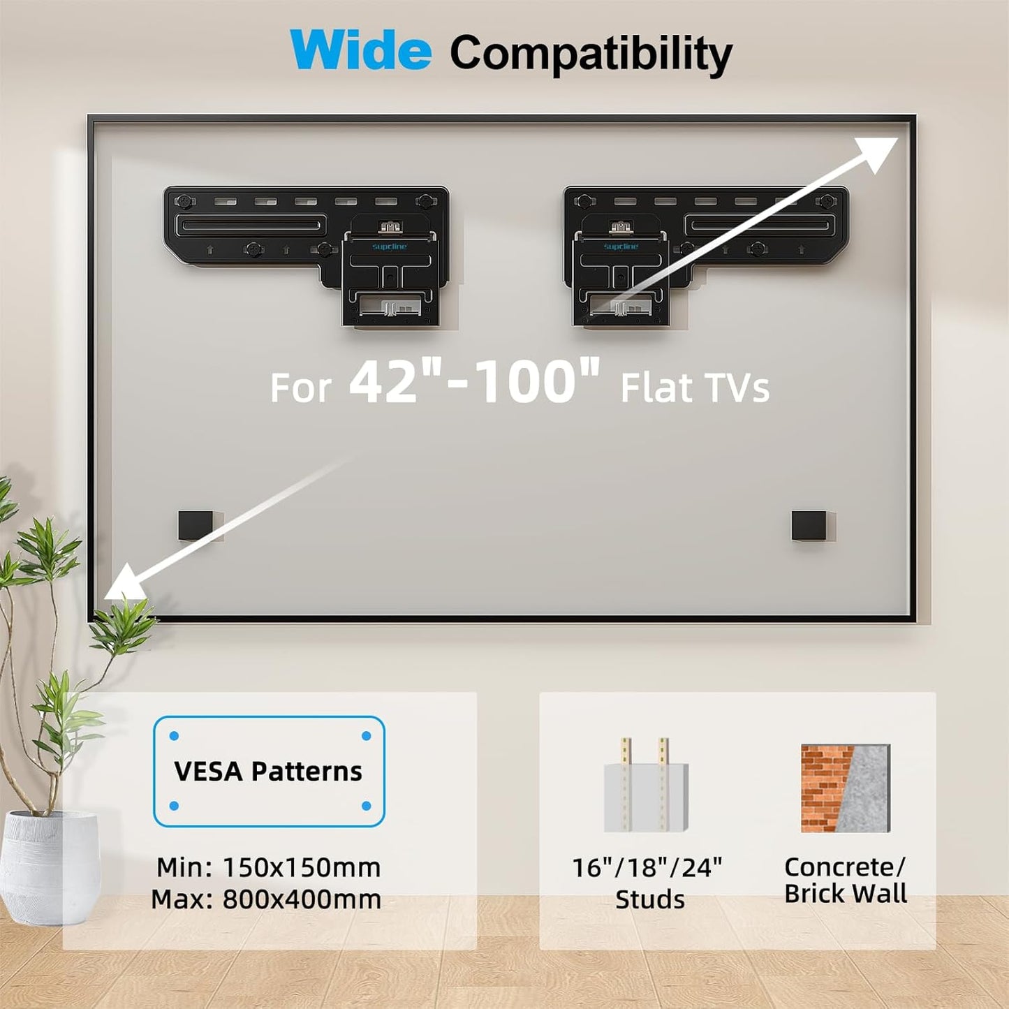 Supcline Ultra Slim TV Wall Mount for 42 to 100 inch Flat TV & Frame TV, Only 0.31” Low Profile Flat to Wall TV Mount, Micro Gap Wall Mount TV Bracket, Hold up to 176 lbs, Blends in Any Interior