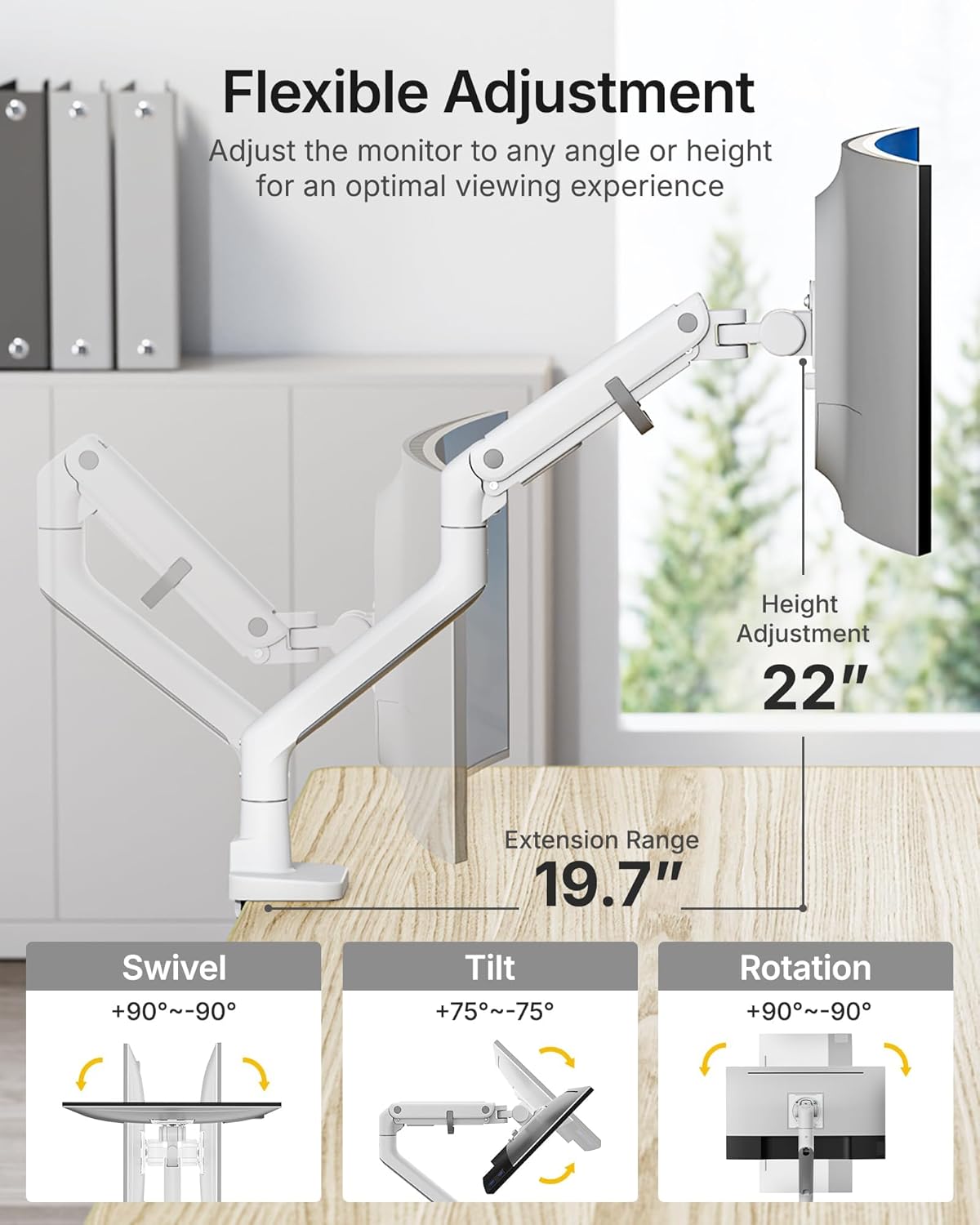 monTEK Heavy-Duty Monitor Arm for 17-57" Ultrawide Curved Screen, Supports up to 59.4 lbs, Adjustable Gas Spring Arm, 75/100 VESA Mount, Clamp & Grommet Desk Monitor Mount Single, Black