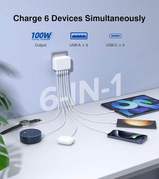 USB Charger Block, GaN 6 Port USB C Charging Station Hub Cube, 100W Multiport Type C Wall Charger Power Strip Plug with PD 3.0+QC for iPhone 16 15 14 13 12 1 Pro Max XR XS 8 7, Samsung, Table - PuriLite