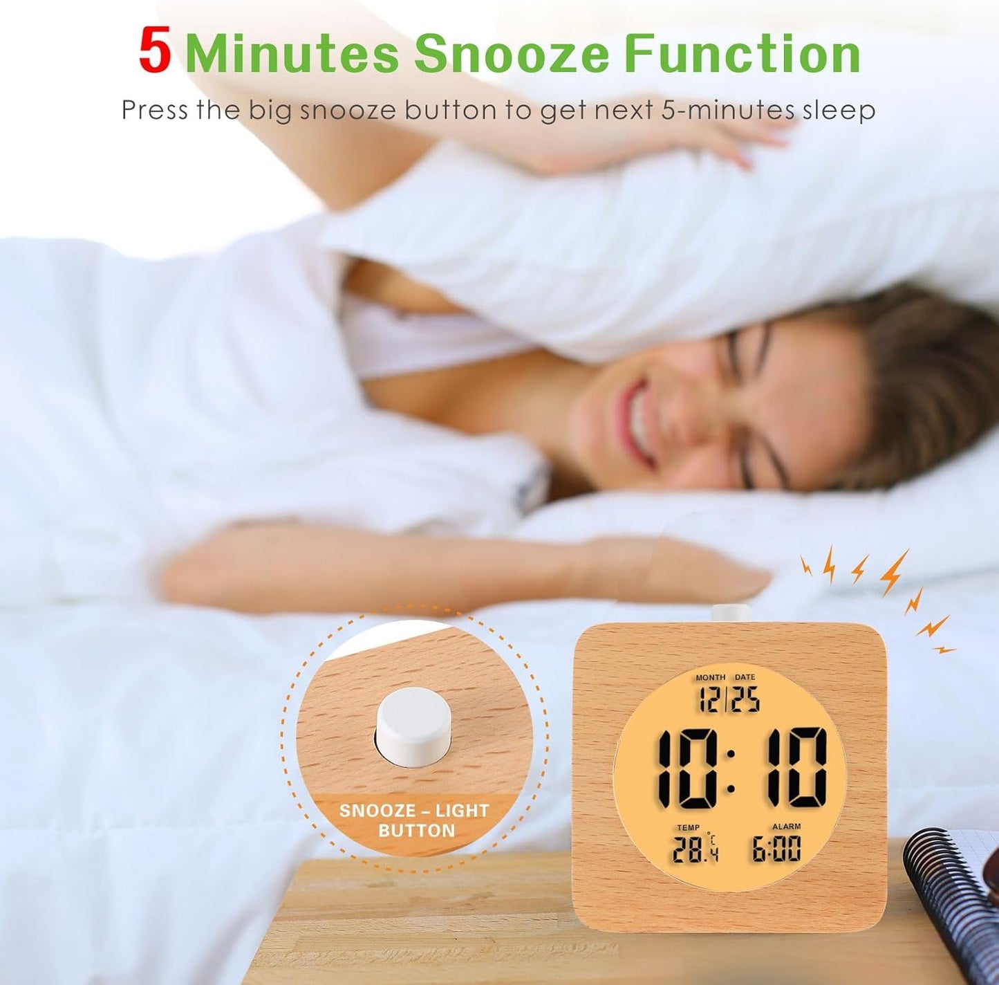 Plumeet Wooden Digital Alarm Clock for Bedrooms, Wood 4'' Battery Powered Alarm Clock with Snooze and Nightlight, Electronic LCD Desk Clock Display Time, Date, Temp, 12/24H, Wood Décor (Sapele, 3.2'')