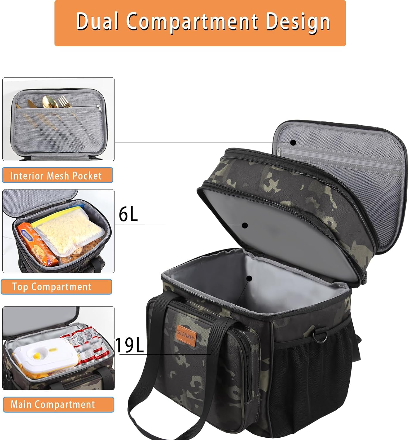 Expandable Large Lunch Bag, Double Deck Insulated Lunch Box Leakproof Durable Soft Cooler Bag for Men Women Adults Work Construction Beach Picnic Daytrip,16L,Black, GLENKEY