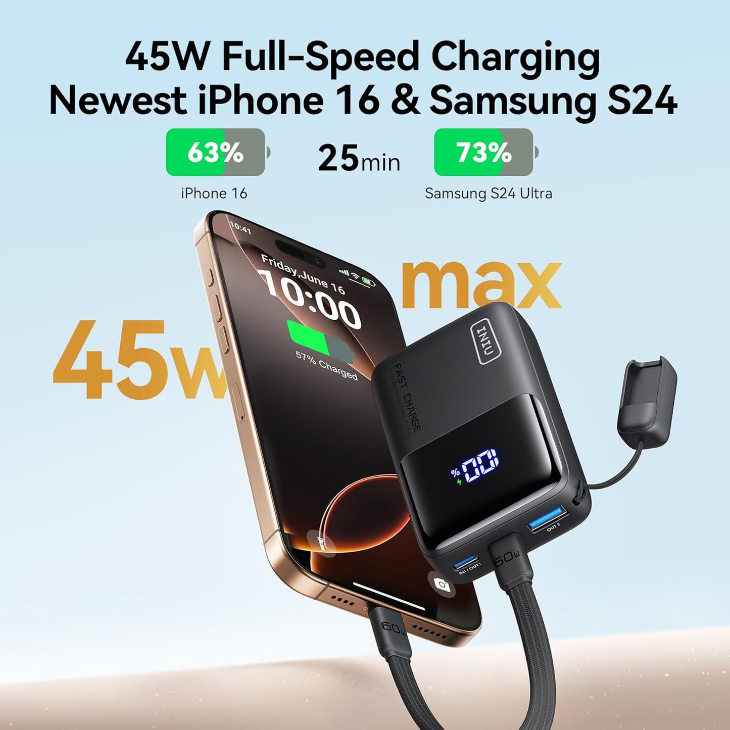 INIU 45W Power Bank, Ultra Small 10000mAh Portable Charger, USB C in&Out Fast Charging Battery Pack, Travel External Phone Powerbank Compatible with iPhone 16 15 Samsung S25 S24 Google Pixel iPad etc