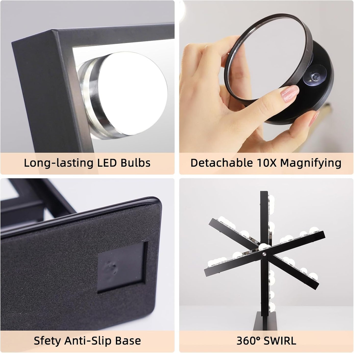 FENCHILIN Lighted Makeup Mirror Hollywood Mirror Vanity Makeup Mirror with Light Smart Touch Control 3Colors Dimmable Light Detachable 10X Magnification 360°Rotation(White)