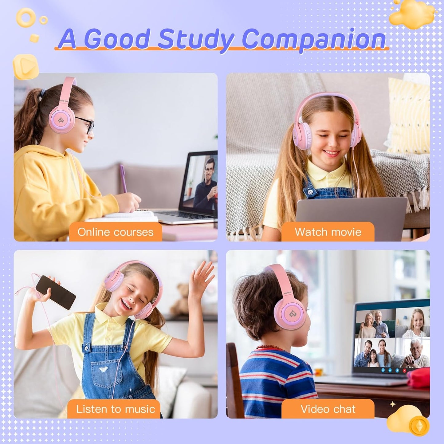 INFURTURE Kids Headphones for School Travel, 94dB Safe Volume Limited, HD Mic Stereo Sound Over-Ear Girls Boys Headphones for Kid, Foldable 3.5mm and USB-C Wired Headphones for iPad Computer