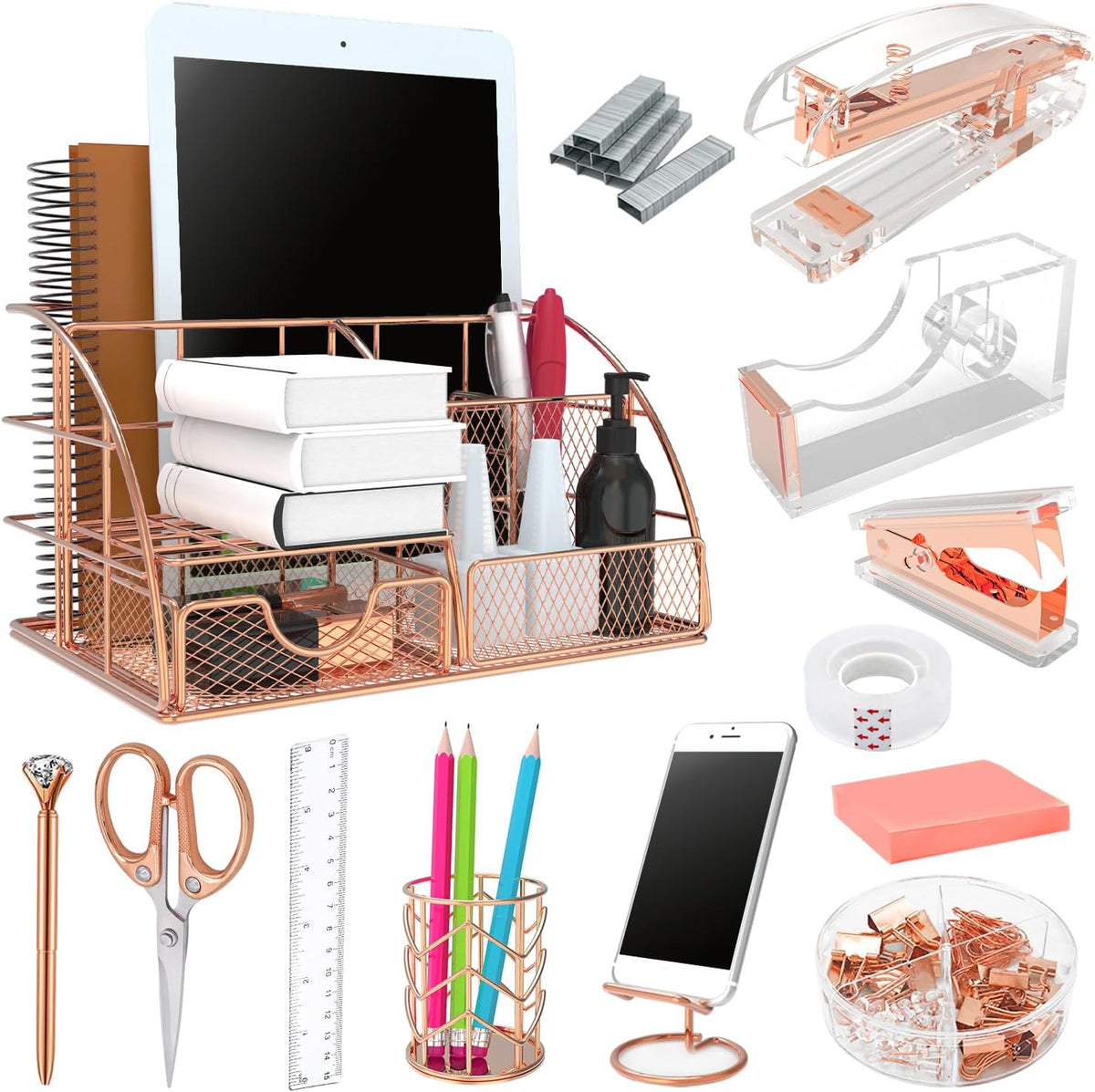 Grehge fice Desk Organizers, Rose Gold 13PCS Office Supplies and Accessories Desk organizer, Acrylic