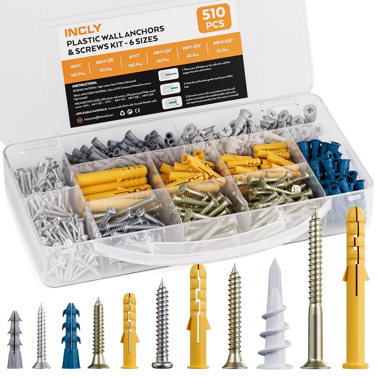INCLY 230 PCS Drywall Anchors and Screws Assortment Kit,115 Plastic Self Drilling Wall Anchors for Drywall and 115 Flat Head Screw,5 Sizes Heavy Duty Galvanized Screw and Wall Plug Bolts with Box
