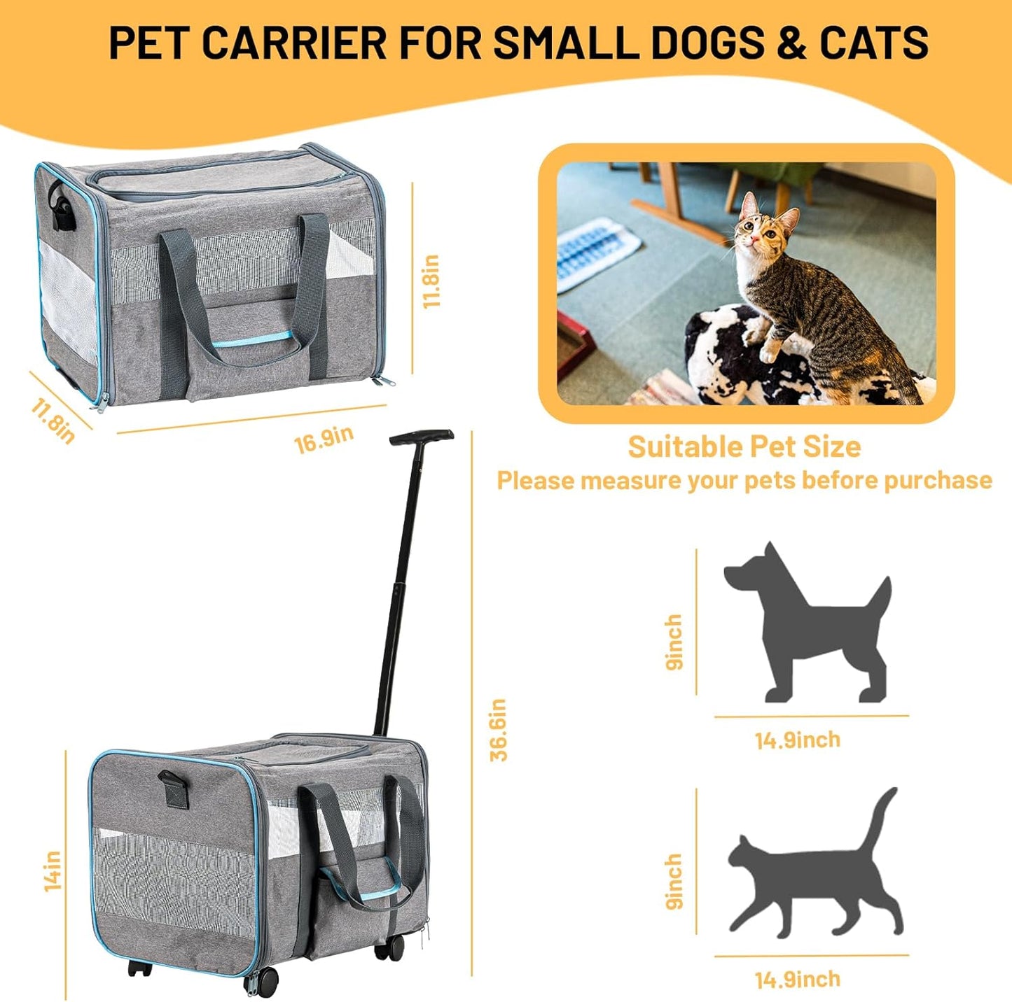 UNICITII Pets Carrier for Small Cat, Dog Medium Cats Puppies up to 20 Lbs, Airline Approved Carrier Soft Sided, Collapsible Travel Puppy Carrier (Grey-with Wheels)