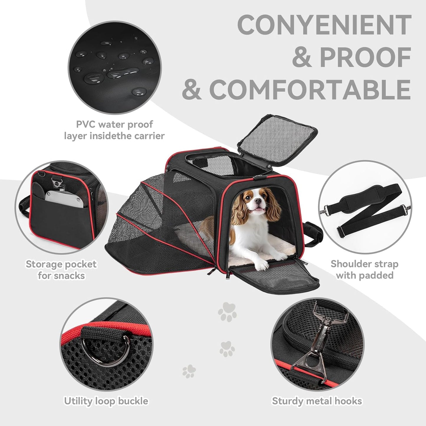 Petsfit Expandable Cat Dog Carrier Airline Approved, 17" L x 11" W x 11" H Soft-Sided Portable Pet Travel Carrier for Kitten, Puppy, Removable Soft Plush Mat and Pockets, Auto-Locking Zippers