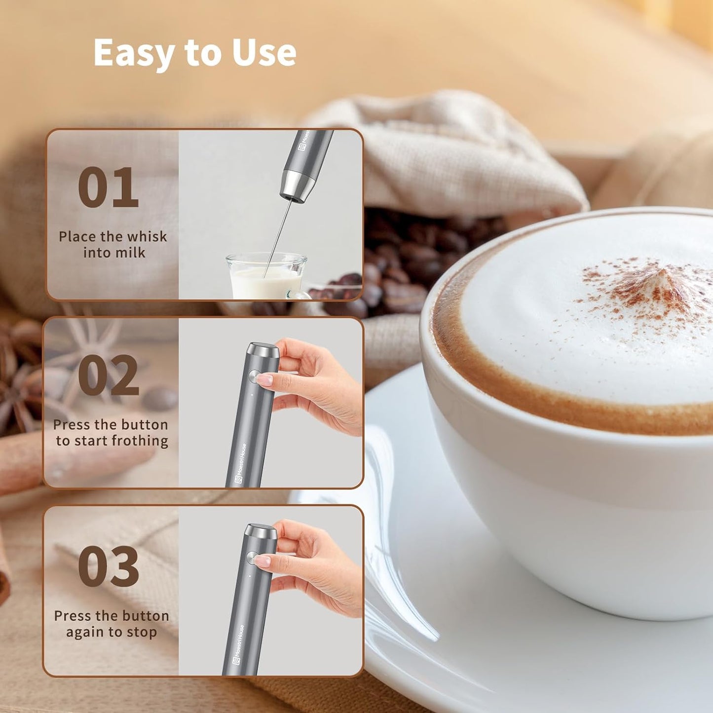 Maestri House Rechargeable Milk Frother, Handheld Electric Foam Maker Waterproof Detachable Stainless Steel Whisk Drink Mixer Foamer with Stand,LunaFro