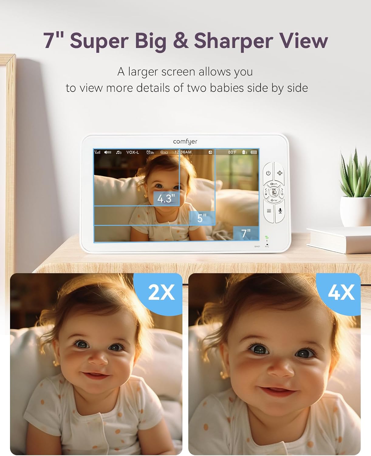 Comfyer 7" HD Split-Screen Baby Monitor with 2 Cameras, Video Baby Monitor with Camera and Audio, Flexible Bracket, Non-WiFi, VOX Mode, 2 Way Audio, Remote PTZ, Auto Night Vision