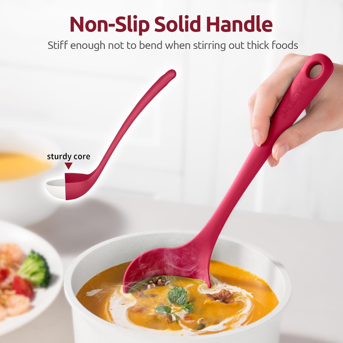 13 inch Silicone Soup Ladle: U-Taste 600ºF Heat Resistant 4 oz Large Non-Stick Seamless Rubber Kitchen Deep Serving Spoon with Non-Slip Solid Long Handle for Cooking Sauce/Stews/Gravies/Chili(Purple)