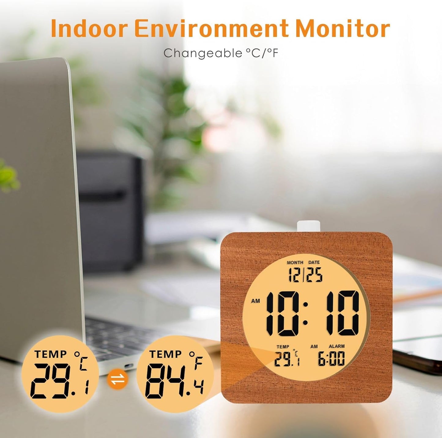 Plumeet Wooden Digital Alarm Clock for Bedrooms, Wood 4'' Battery Powered Alarm Clock with Snooze and Nightlight, Electronic LCD Desk Clock Display Time, Date, Temp, 12/24H, Wood Décor (Sapele, 3.2'')