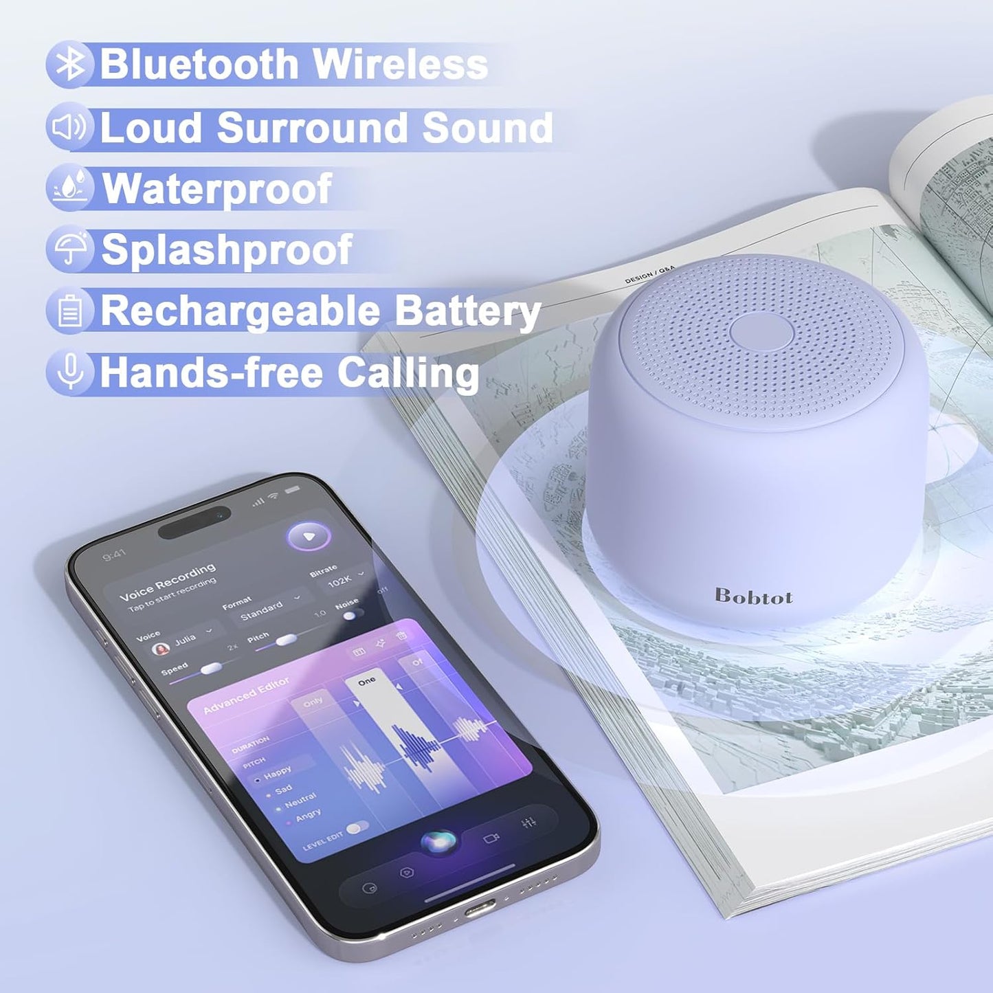 Bobtot Portable Bluetooth Speakers with Strap Easy to Carry, Wireless IPX5 Waterproof Mini Speaker with Loud Stereo Sound, 20 Hours Playtime, Rechargeable Battery, Built-in Microphone (Green)