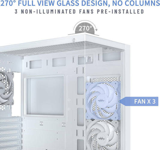 MUSETEX PC CASE ATX 3 Non-LED Fans Pre-Installed, Type-C Mid Tower Computer Case with Full View Dual Tempered Glass, Gaming PC Case,White(K2) - PuriLite