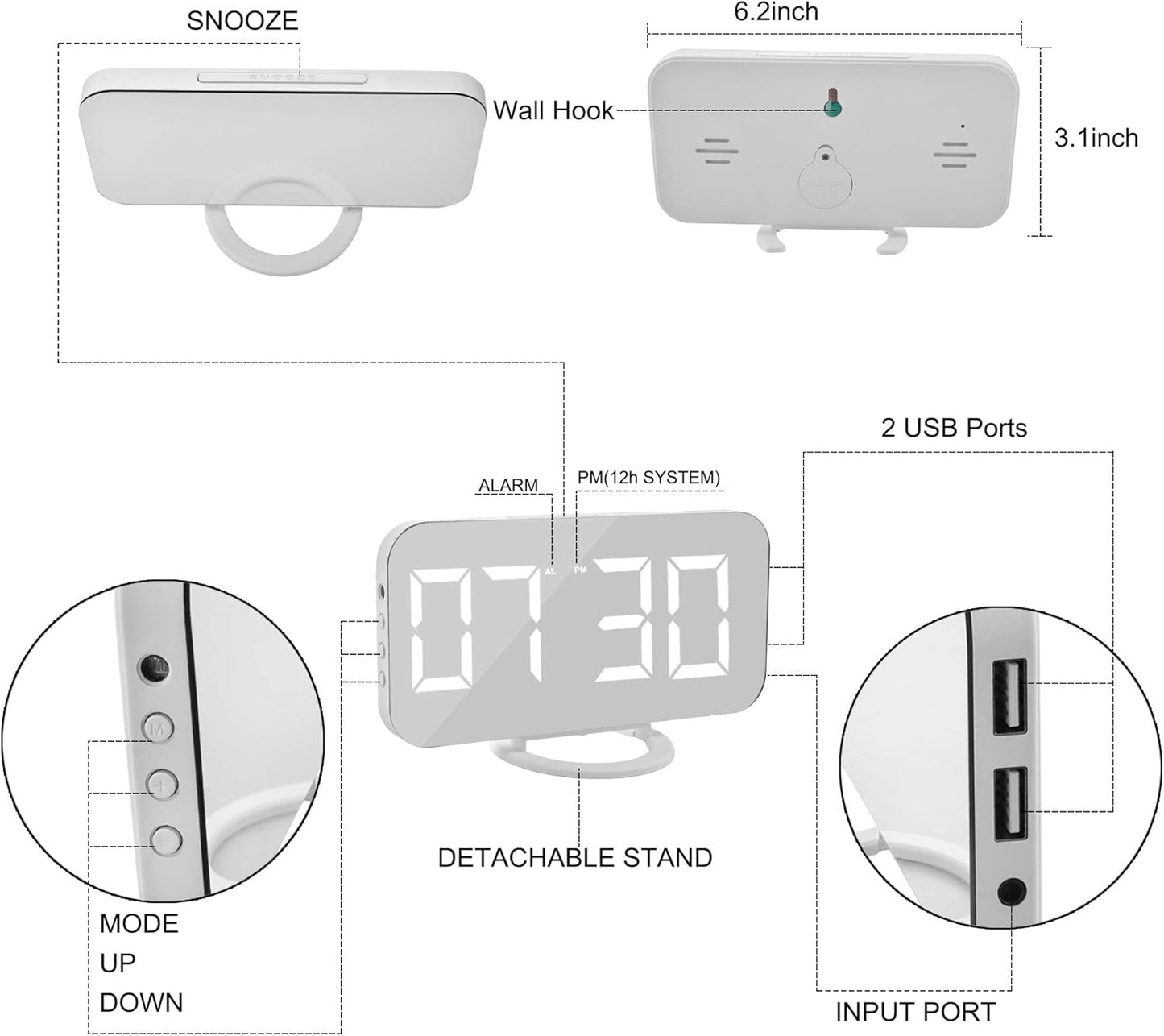 SZELAM Digital Alarm Clock,LED and Mirror Desk Clock Large Display,with Dual USB Charger Ports,3 Levels Brightness,12/24H,Modern Electronic Clock for Bedroom Home Living Room Office - Gold