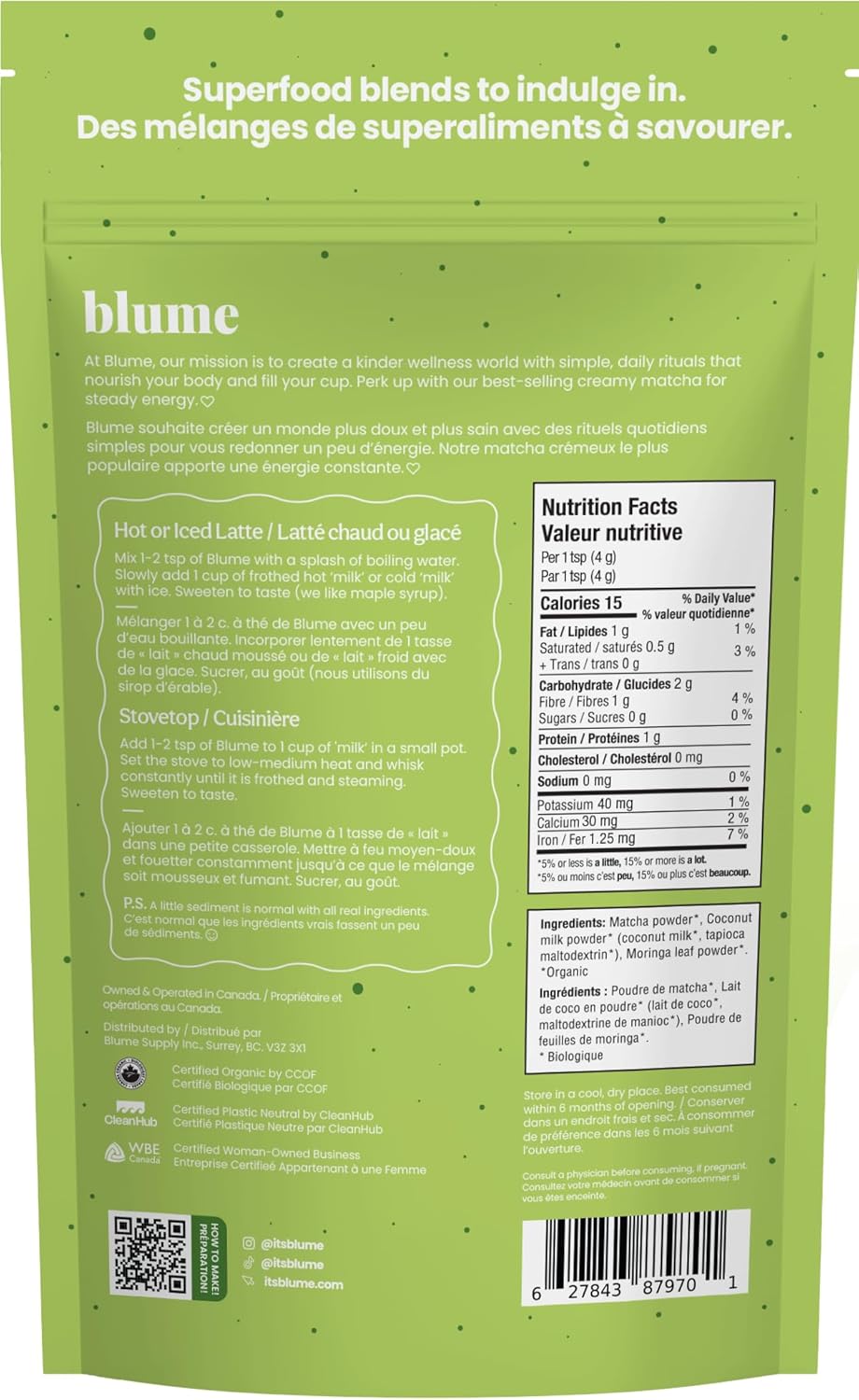 Blume Superfoods Latte - Matcha Powder with Coconut, Natural Caffeine, L-Theanine, All Day Energy & Focus, Sugar-Free, Moringa, Vegan, Organic Matcha Latte from Shizuoka Japan, Green Tea - 25 Servings - Canadian Brand