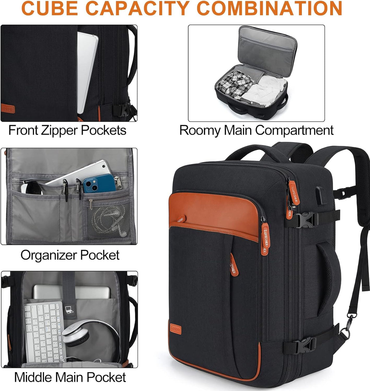 Lumesner Carry on Backpack, Extra Large 40L Flight Approved Travel Backpack for Men & Women - PuriLite
