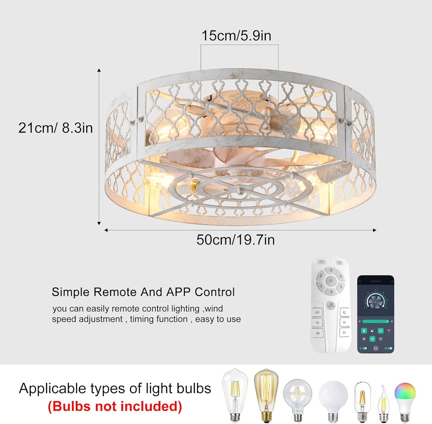 Garwarm Caged Low Profile Ceiling Fan with Lights and Remote, 20in Rustic Flush Mount Small Farmhouse Bladeless Ceiling Fan for Bedroom, Kitchen, Dining Room