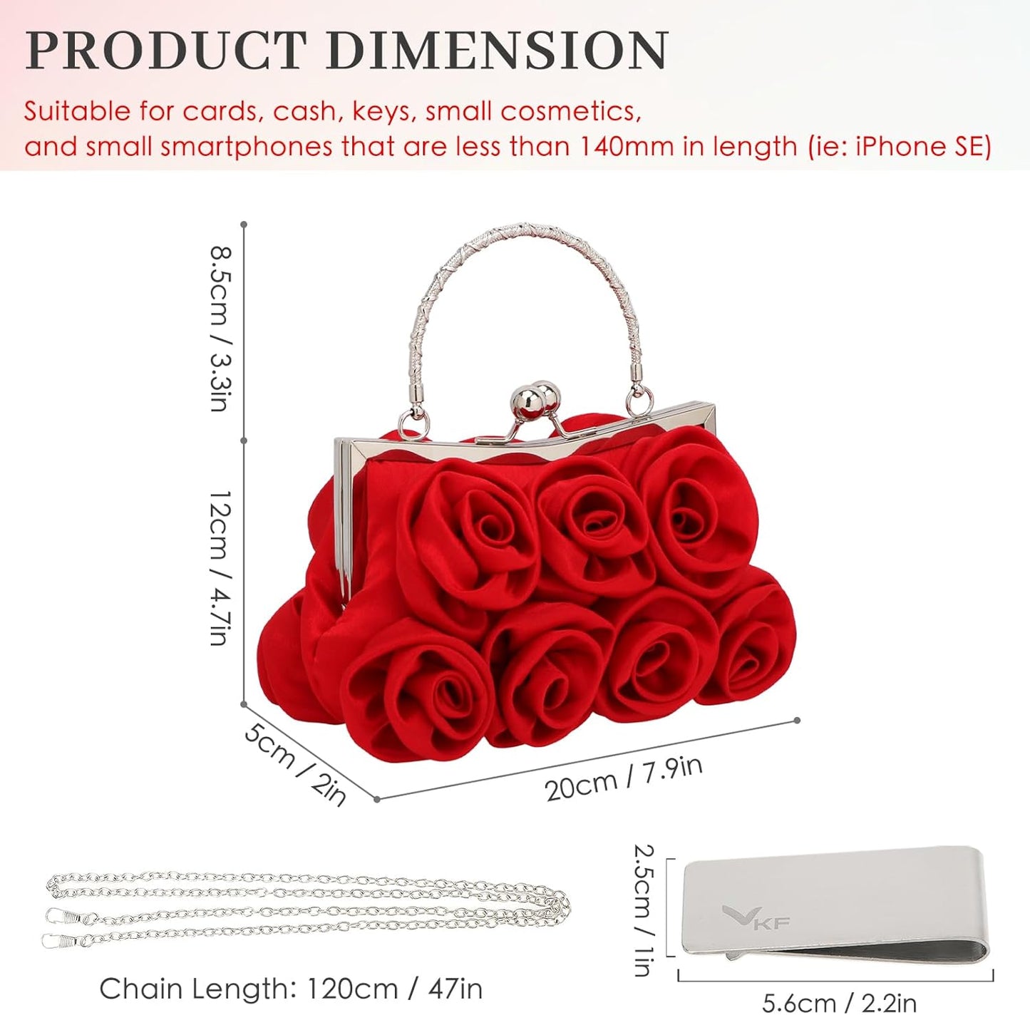 kilofly Missy K 7 Roses Clutch Purse, Satin, with Detachable Strap + kilofly Money Clip