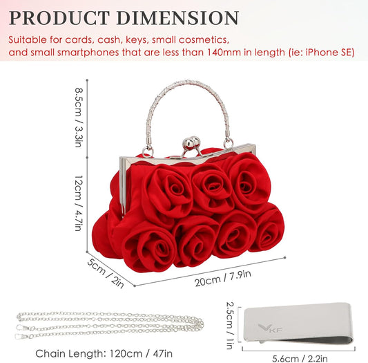 kilofly Missy K 7 Roses Clutch Purse, Satin, with Detachable Strap + kilofly Money Clip - PuriLite