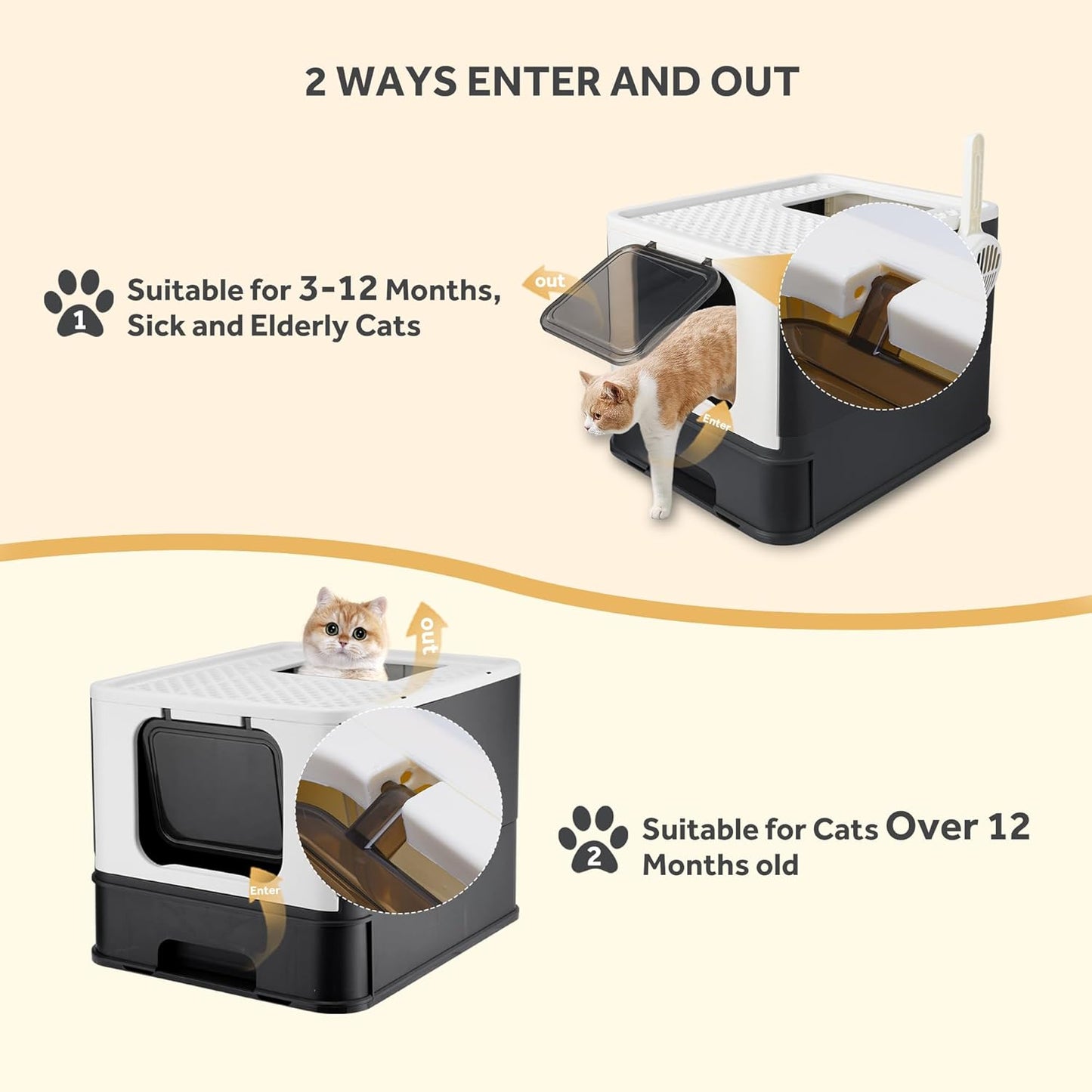 Foldable Cat Litter Box, Top Entry Kitty Litter Box with Lid & Scoop Extra Large Space Enclosure Toilet (Black) - LIVINGbasics