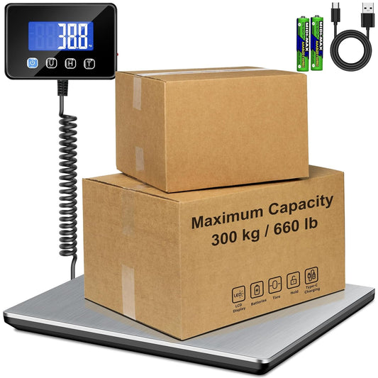 RAOYAN Shipping Scale, 660 lb / 1 oz High Accuracy Digital Postal Scale with LCD Display, Hold/Tare Function, Shipping Scale for Package, Luggage, Warehouse (Including 2 Batteries, Charging Cable)