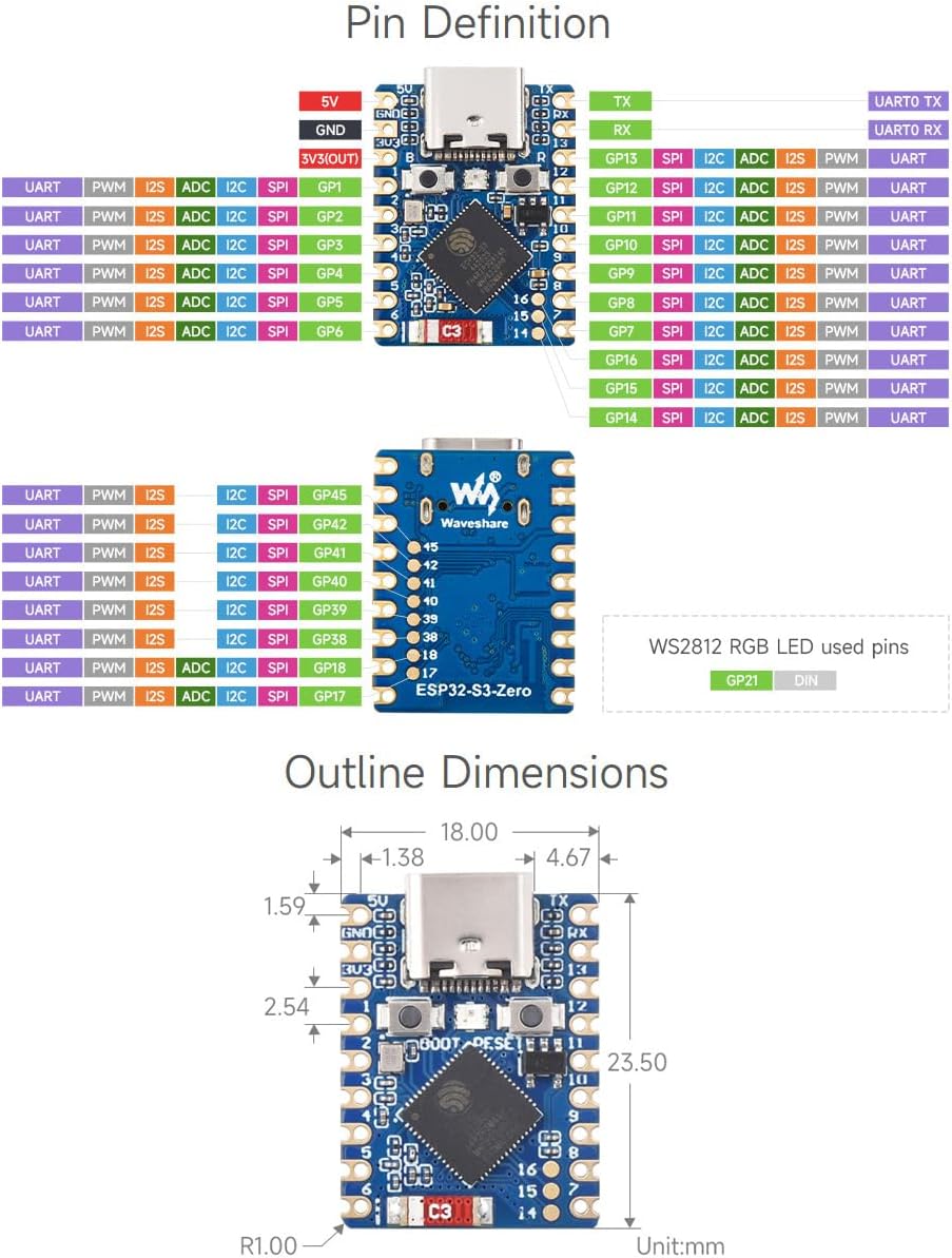 Waveshare 3PCS ESP32-S3 Mini Development Board, Based On ESP32-S3FH4R2, Onboard Multi-Function GPIO Pins, Dual-Core Processor, 240MHz Running Frequency,Microcontroller
