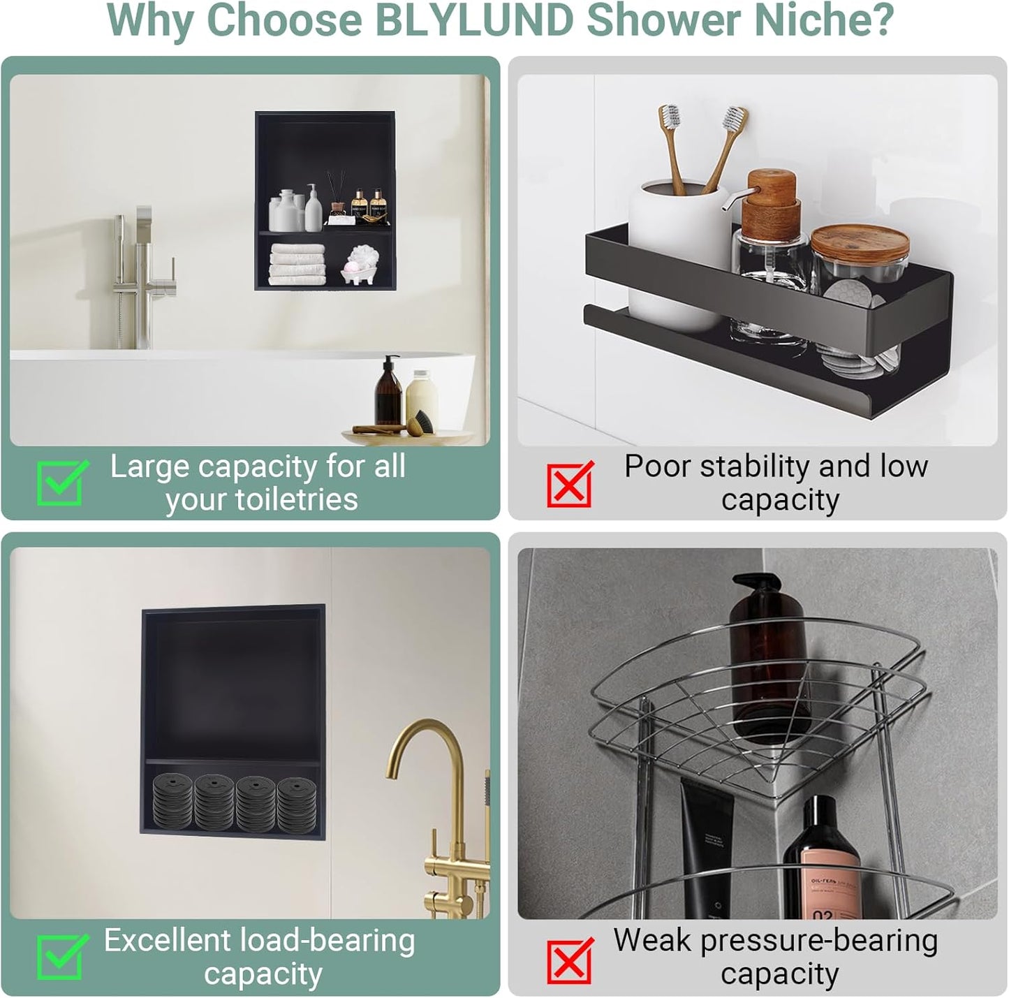 BLYLUND Shower Niche 12" x 24" NO Tile Needed,Matte Black Double Shelf Organizer, Square Corners Wall-Inserted Niche Recessed Shower Shelf Modern Soap Niche for Bathroom