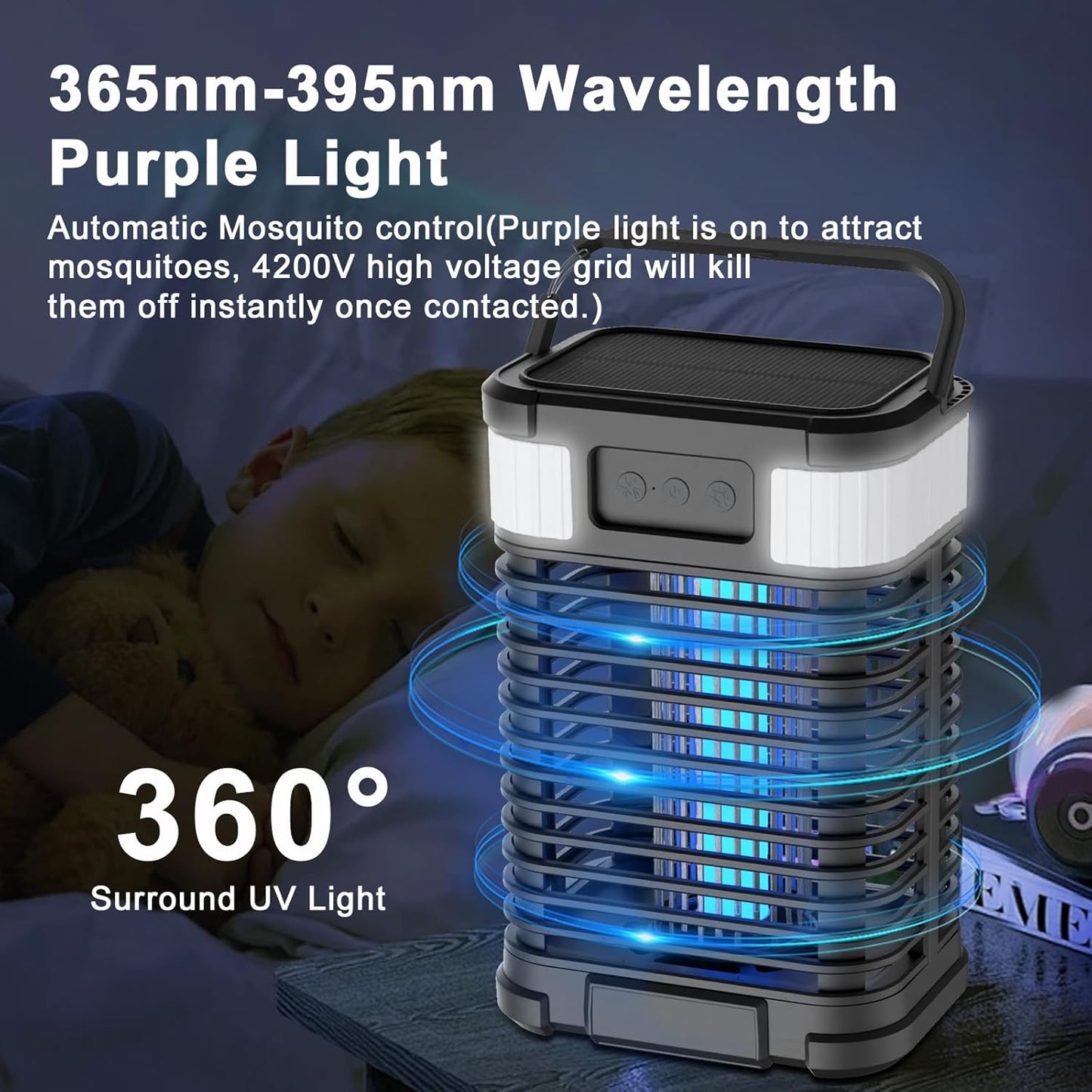 Mosquito Zapper, Solar Bug Zapper 4200V Cordless & Rechargeable Bug Zapper Outdoor with LED Light, Portable Waterproof Electric Fly Zapper with Hook, for Patio Camping Backyard Garden