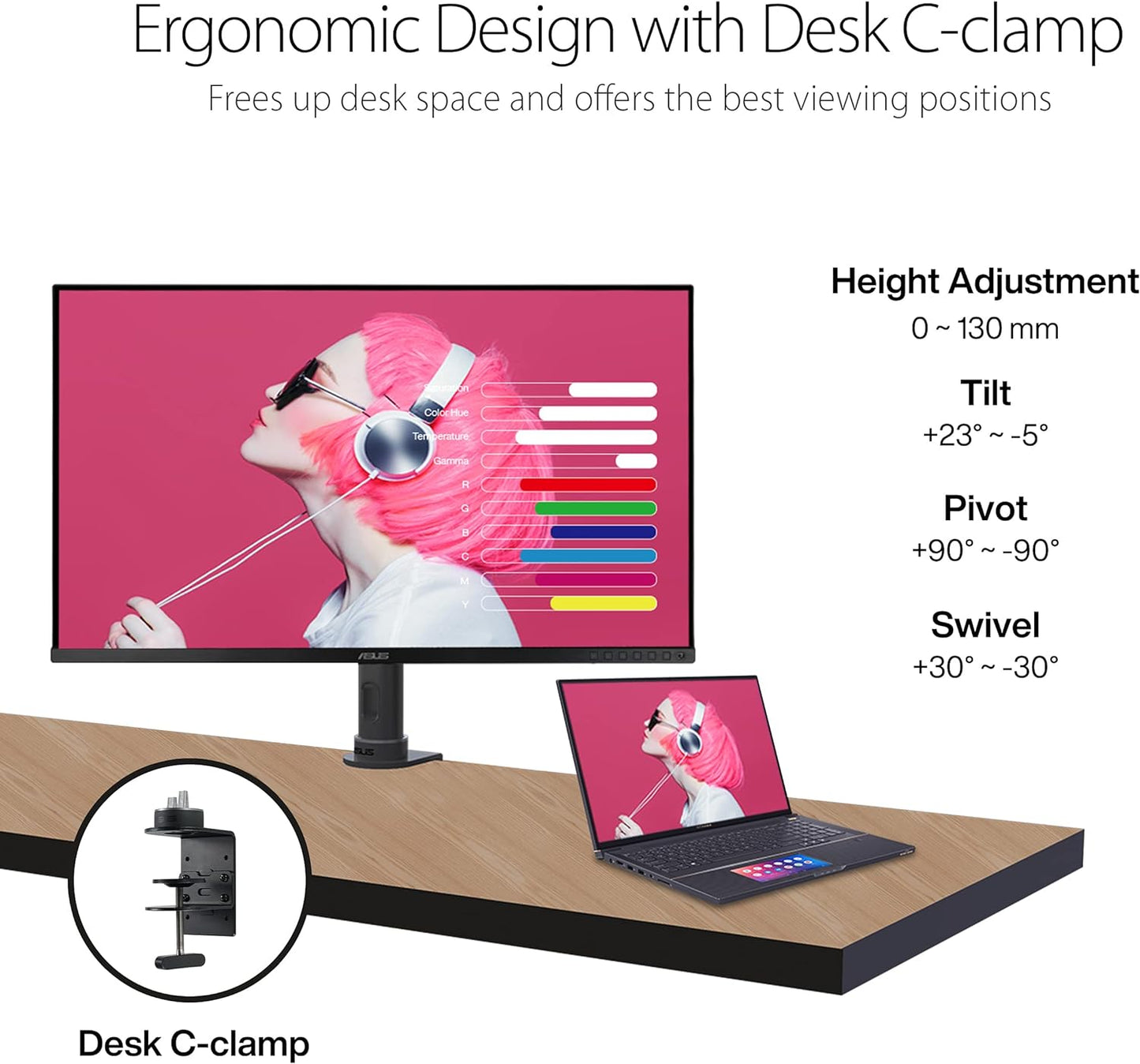 ASUS ProArt Display 27" Monitor PA278CV - WQHD (2560 x 1440), IPS, 100% sRGB, 100% Rec. 709, ΔE < 2, Calman Verified, USB Hub, USB-C, DisplayPort Daisy-Chaining, HDMI, Eye Care, Height Adjustable , BLACK/SLIVER