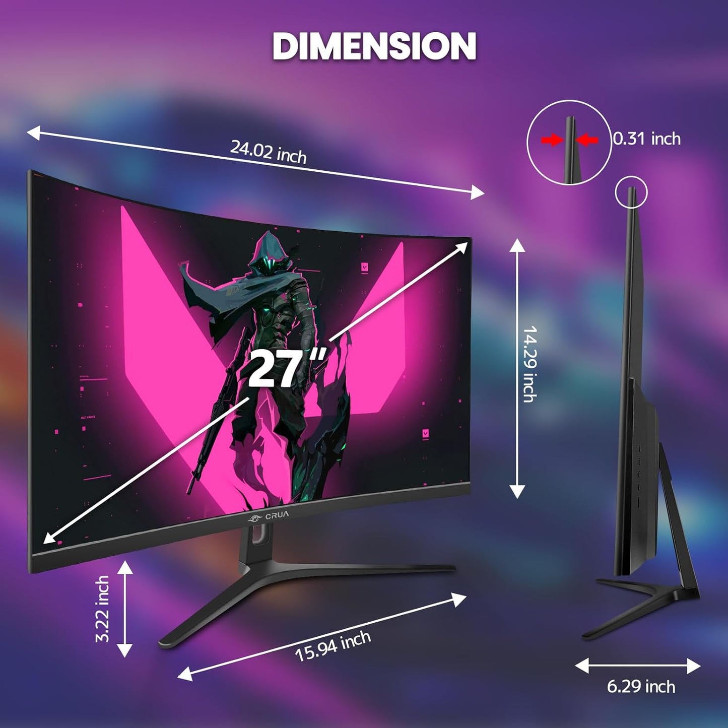 CRUA 32'' Curved Gaming Monitor, 160Hz/144Hz 4K UHD(3840 * 2160P) White Computer Monitor, 1500R VA Screen, Supports Freesync, 120% sRGB, Built-in Speakers, RGB Lighting, Wall Mountable,HDMI 2.1&DP 1.4