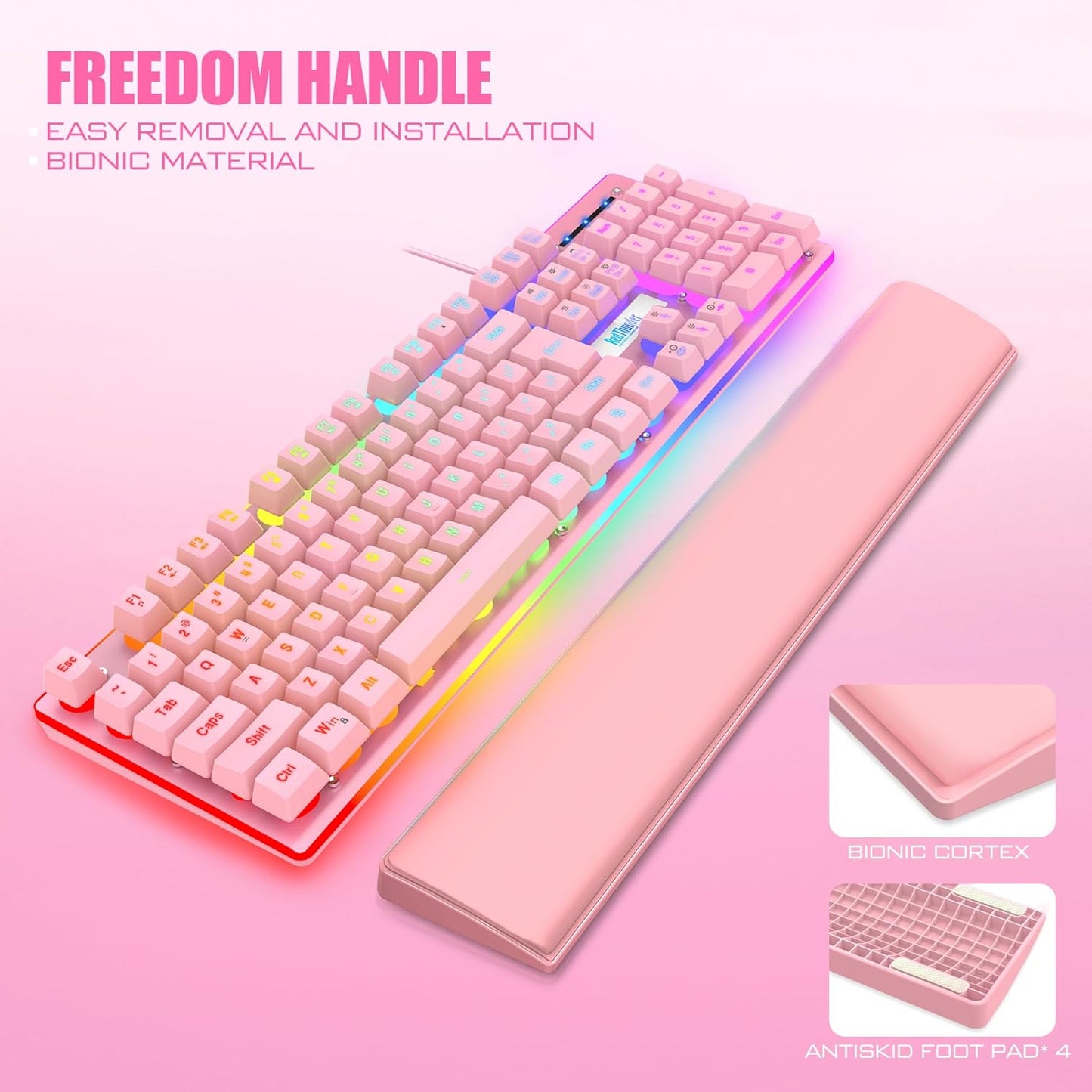 RedThunder K10 Wired Gaming Keyboard and Mouse and Wrist Rest Combo, RGB Backlit, Mechanical Feel Anti-ghosting Keyboard + 7D 7200 DPI Mice+Soft Leather Wrist Rest 3 in 1 PC Gamer Accessories(Black)