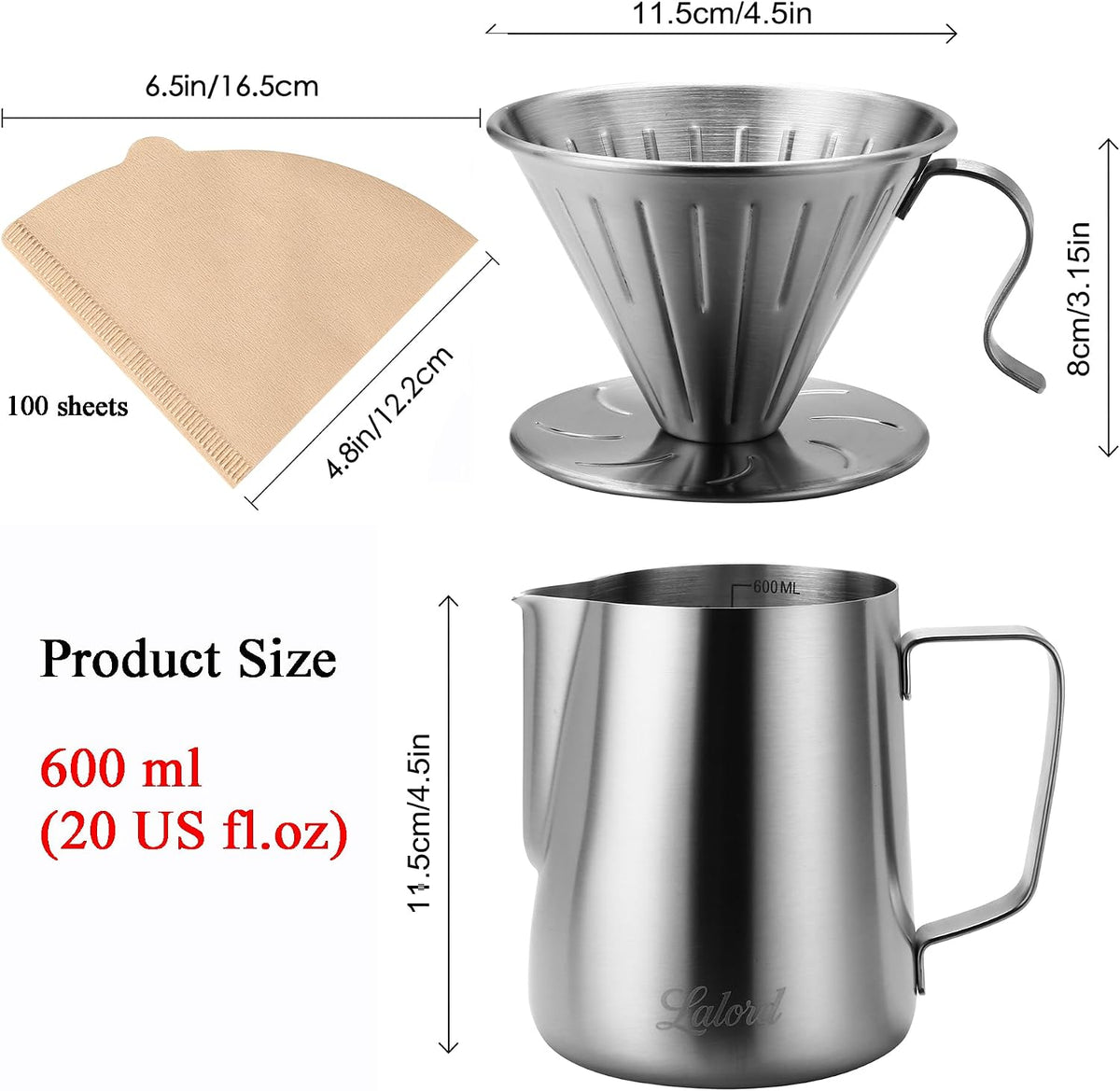 Lalord Pour Over Coffee Maker Set, 304 Stainless Steel wIth 100 pcs 02 Paper Filters & 600ml Milk Frothing Pitcher, for Home & Camping