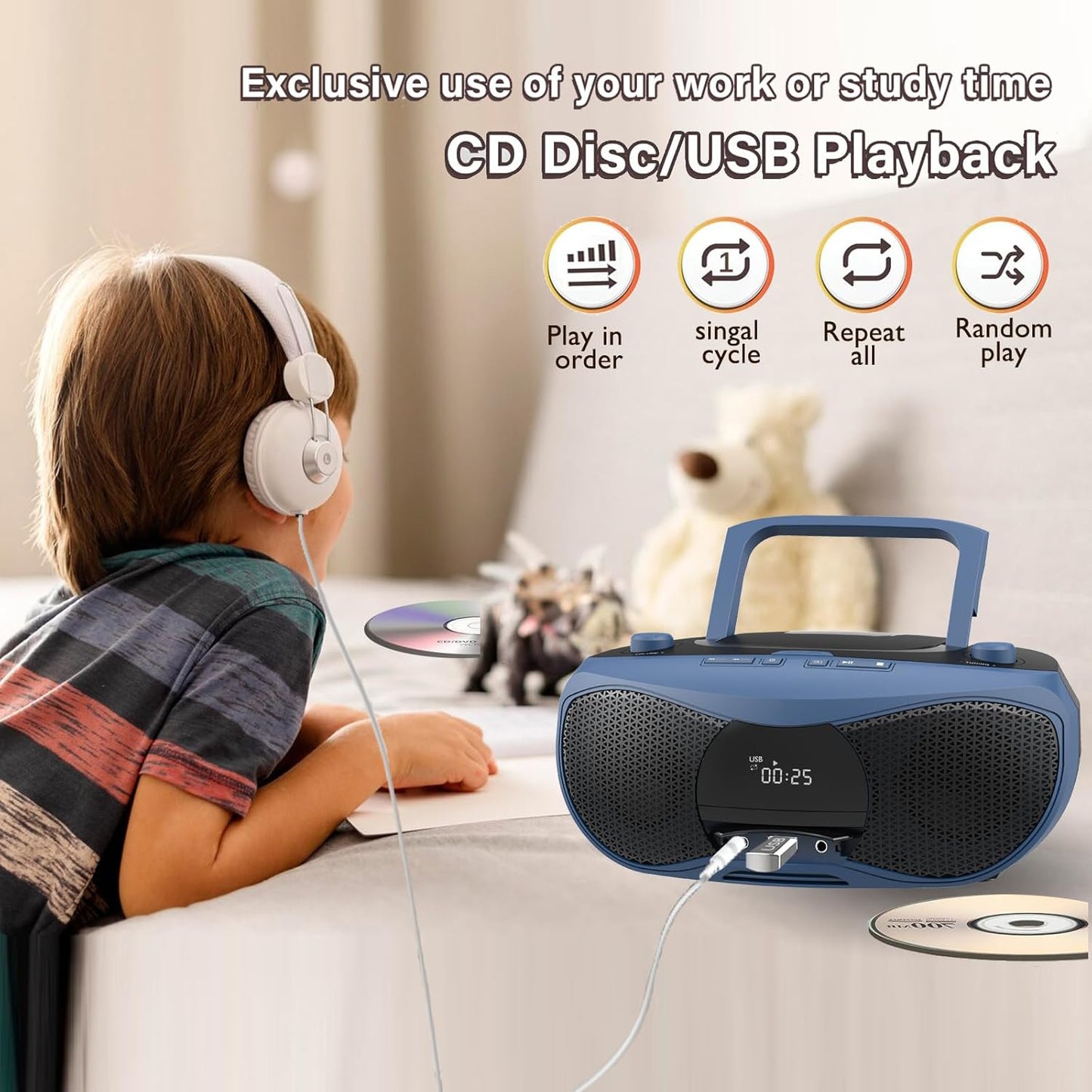 LONPOO Portable CD Player | Stereo Bluetooth Boombox | FM Radio Turn Knob | Auto Lid Open Button | Big LCD Display | Concealed Ports of USB/AUX/Earphone | Rear Power Protection Button (LP-D12)