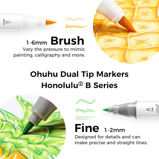 Ohuhu Alcohol Markers 48 Colors: Brush & Fine Dual Tips Alcohol-based Art Markers for Adults Artists Cozy Coloring Illustration Drawing Sketching- Honolulu 2B- AP Certified Refillable Ink