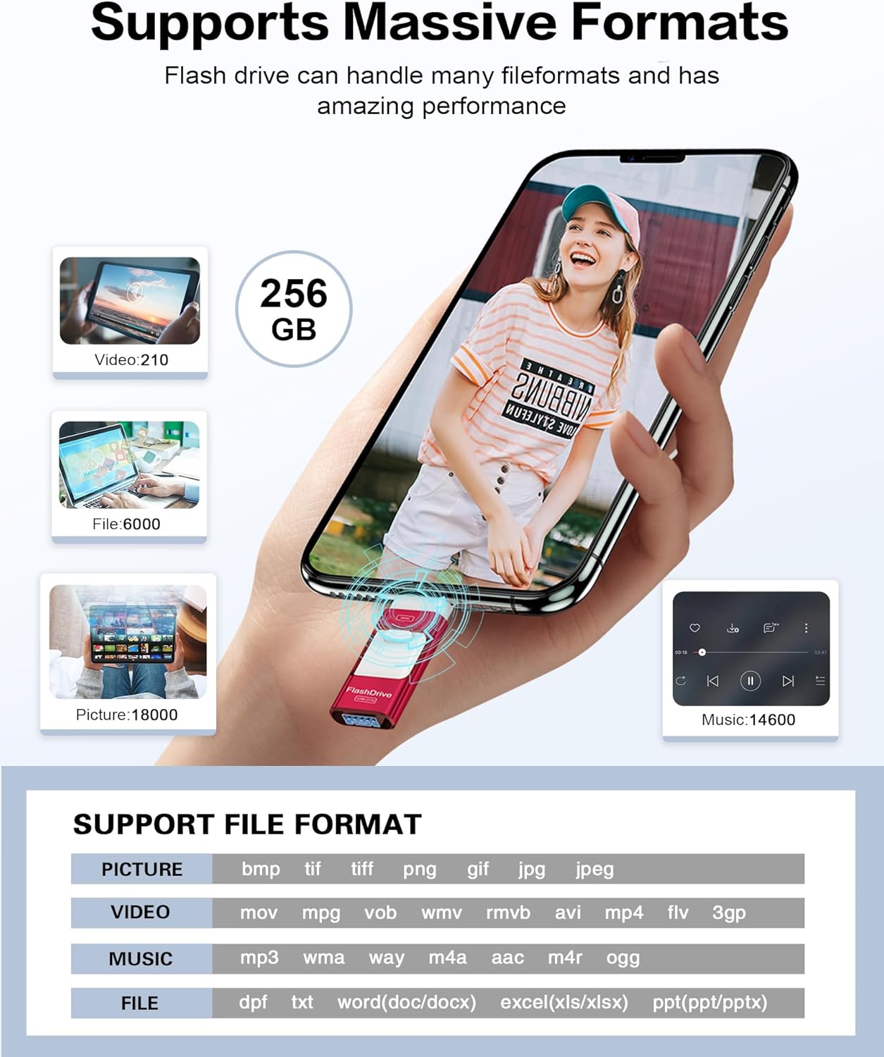 256GB Flash Drive for iPhone Photo Stick, Thumb Drive USB Stick High Speed Transfer USB Drives External Picture Video Storage Memory Expansion for iPhone/iPad/PC (Blue)