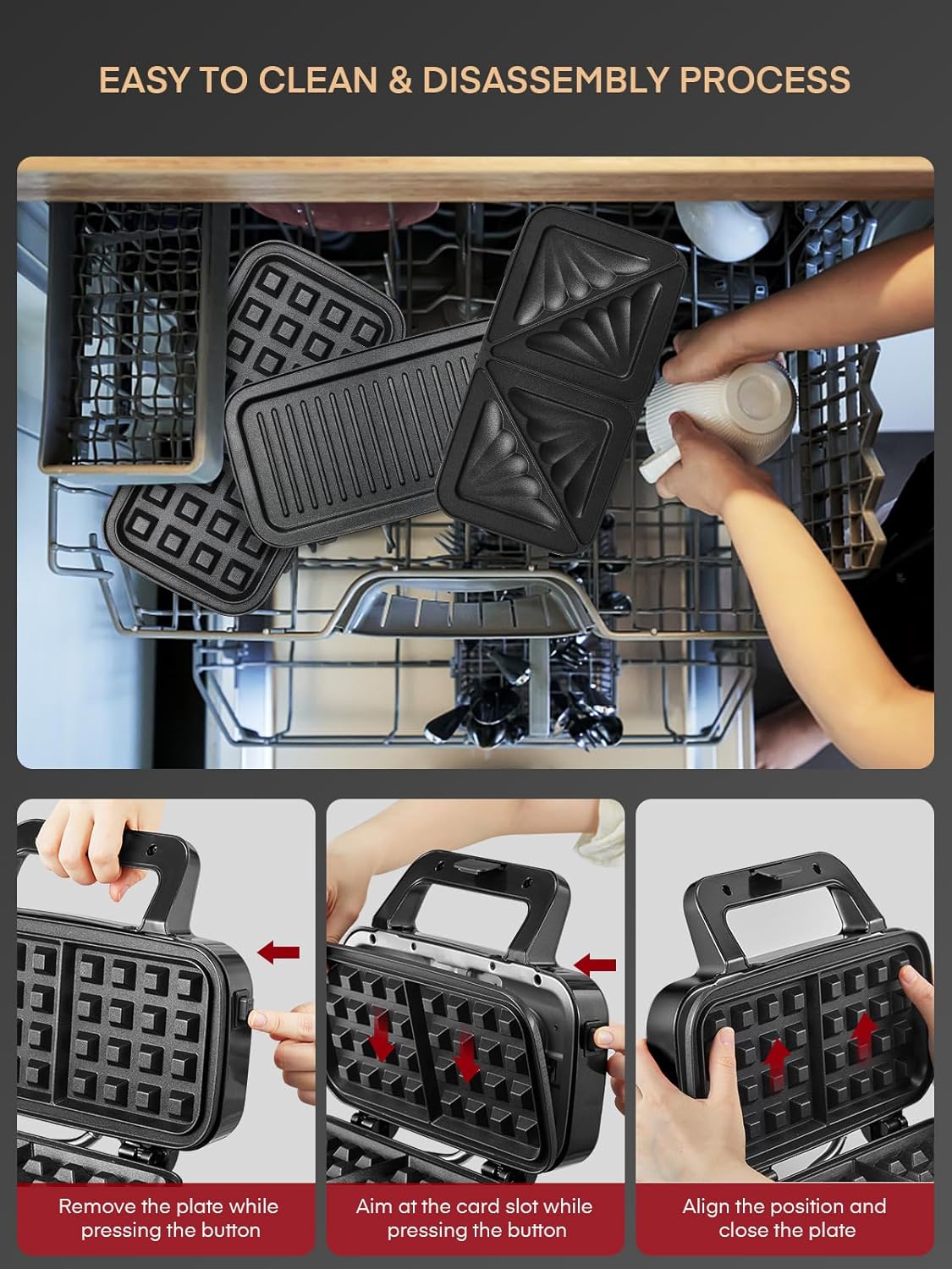 FOHERE 3-in-1 Waffle Maker, Sandwich Maker, Panini Press with Removable Plates, 5-Gear Temperature, LED Indicator Lights, Portable Handle, 1200W Belgian Electric Grill Cheese Machine