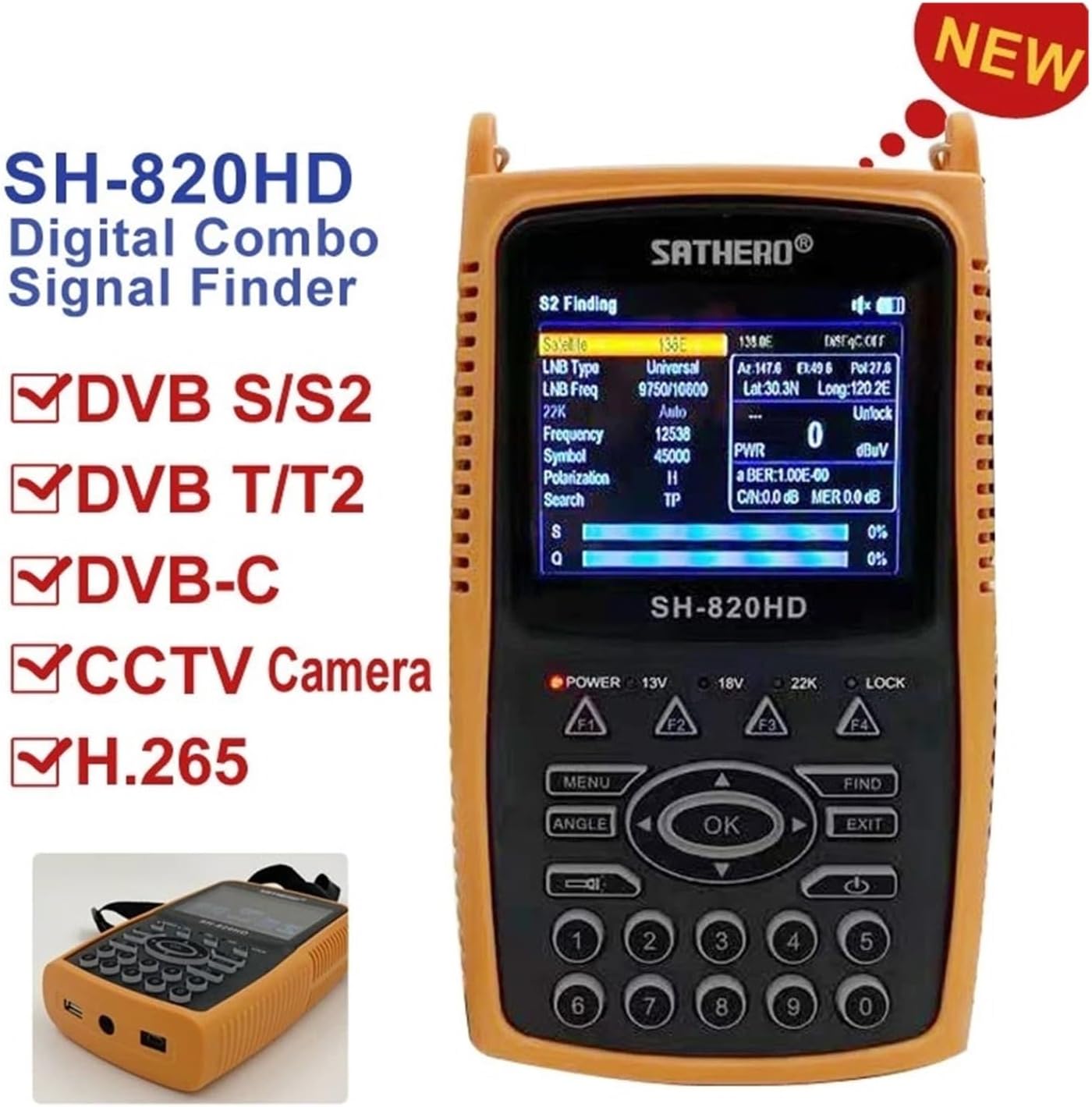 3.5 Inch Combo Satfinder SATHERO SH-820HD Satellite Finder Meter.265 HEVC,DVB-S/S2/T/T2/C/CCTV HD Digital Signal Meter(S2 T2 CCTV)