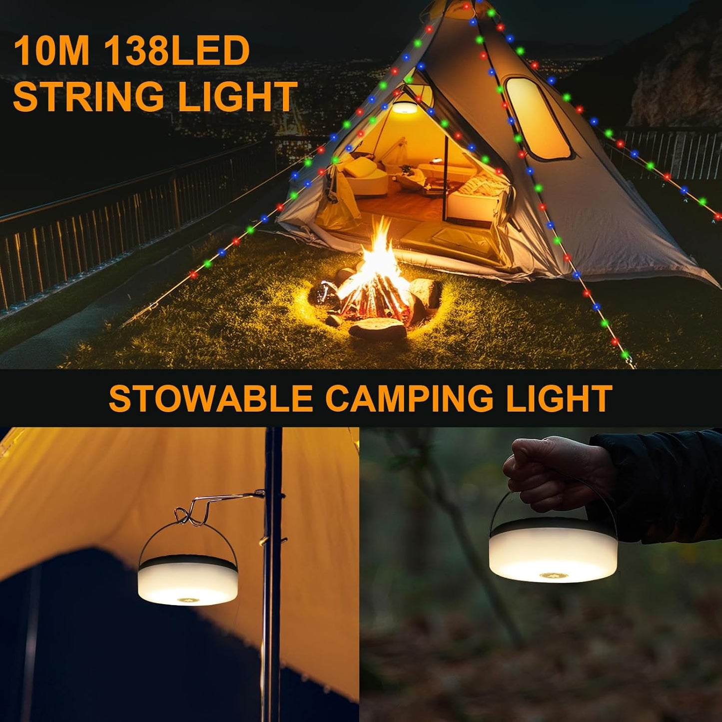 RISEMART Camping String Lights Retractable 33FT, Camping Lights with Solar Charging Waterproof Rollable String Lights Outdoor with 5 Lighting Modes for Tent Hiking Yard Party Festival Decoration