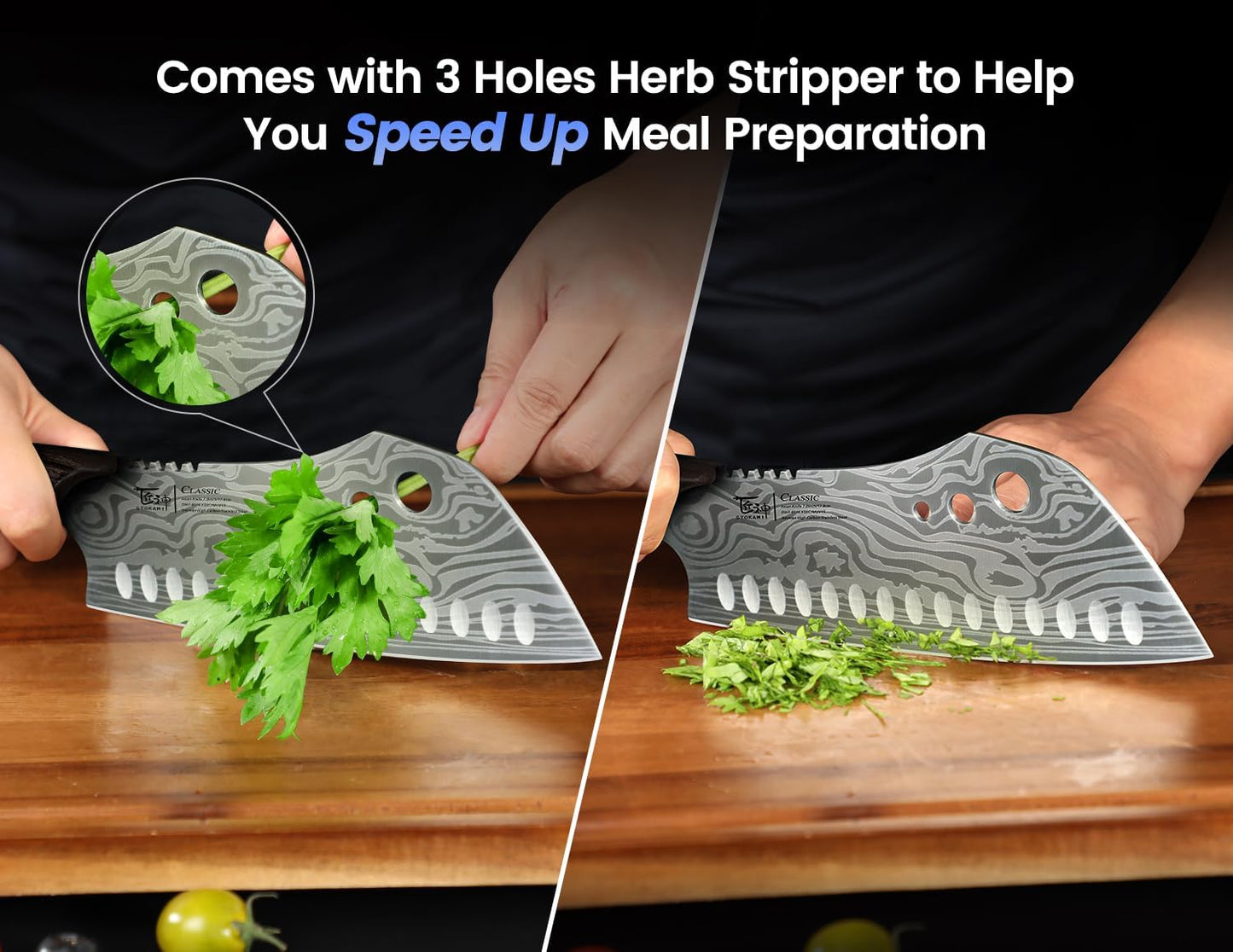 SYOKAMI Meat Cleaver Chef Knife, 7.7 Inch Multifunction Butcher Knife with Herb Stripper and Sheath, Chinese Cleaver Heavy Duty Bone Chopper, Meat Cutting, Damascus Pattern Full Tang Wood Handle