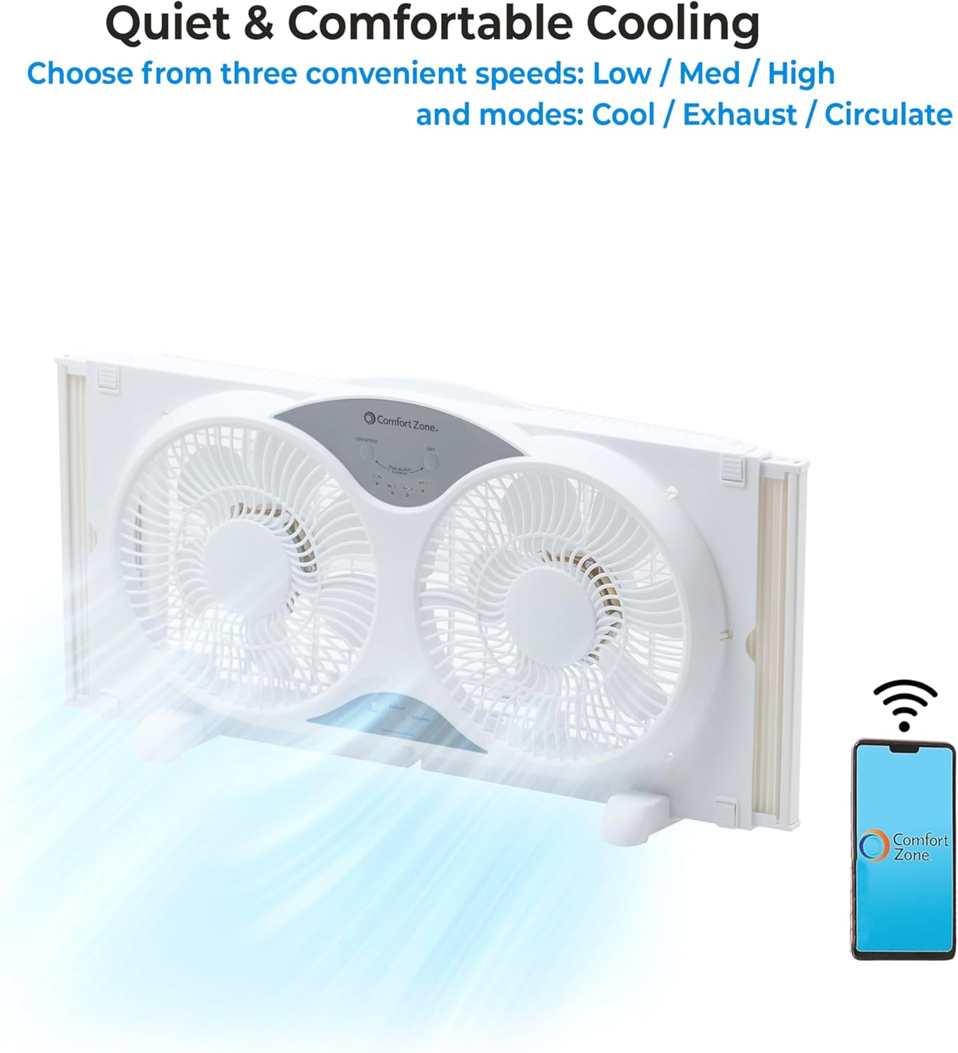 Comfort Zone 9-Inch Window Fan with Dual 3-Speed Fans, Auto-Locking Expanders, 3 Modes (Cool, Circulate, Exhaust), Wi-Fi App Control, Fabric Cover & Bug Screen