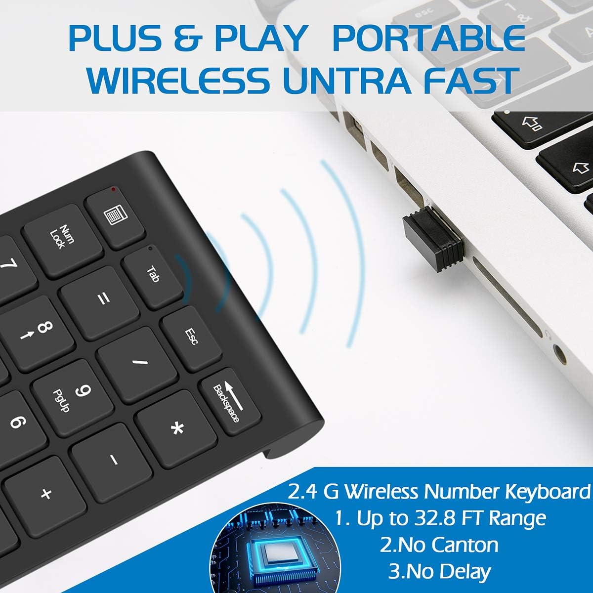 Wireless Number Pad, Portable 2.4Ghz USB 10 Keys Financial Accounting Numeric Keypad Data Entry Numpad for Laptop, PC, Desktop